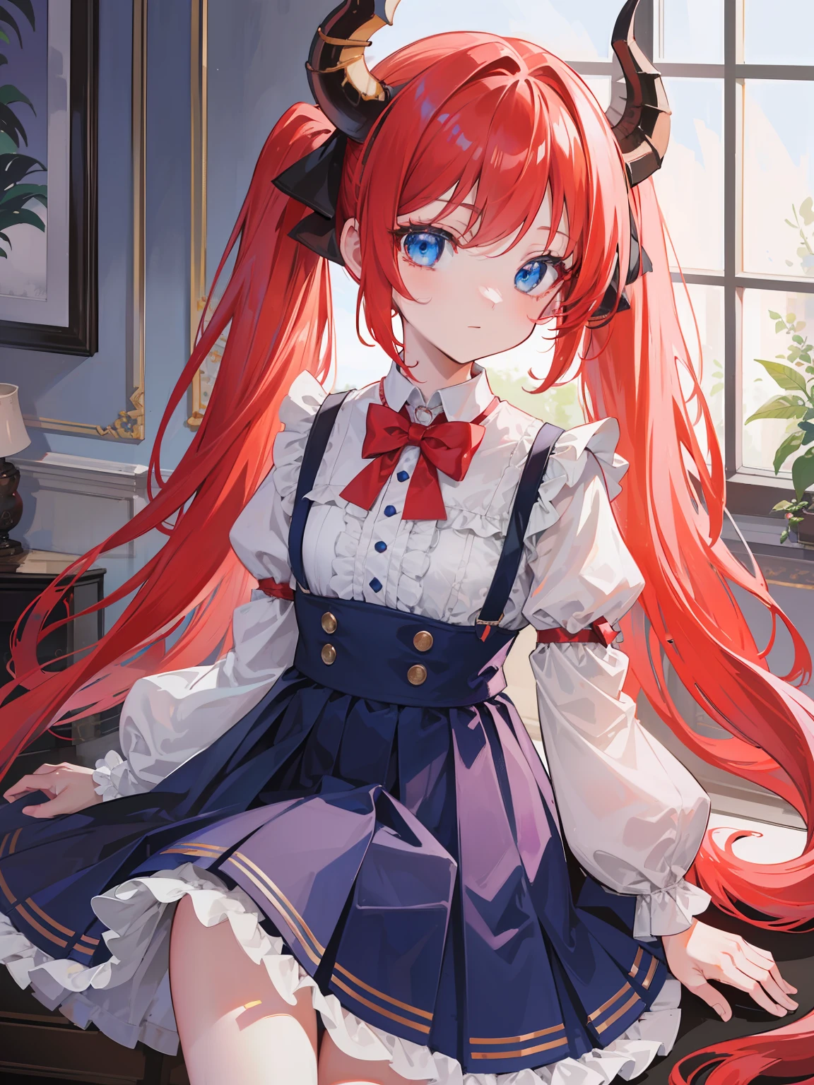 {{best quality}}, {{masterpiece}}, {{ultra-detailed}}, {illustration}, {detailed light}, red hair,blue eyes,twintails,lolita,Suspenders skirt,Fantastic,loli,solo,Dragon horns,little girl,long hair