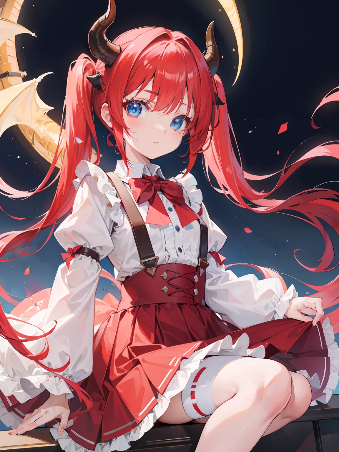 {{best quality}}, {{masterpiece}}, {{ultra-detailed}}, {illustration}, {detailed light}, red hair,blue eyes,twintails,lolita,Suspenders skirt,Fantastic,loli,solo,Dragon horns, girl,long hair