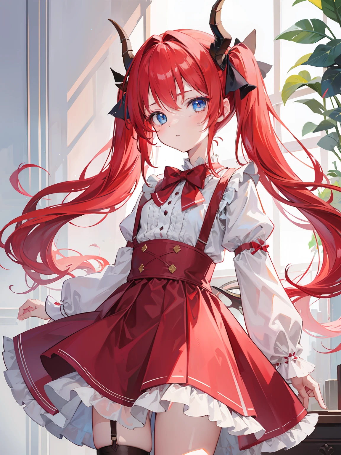 {{best quality}}, {{masterpiece}}, {{ultra-detailed}}, {illustration}, {detailed light}, red hair,blue eyes,twintails,,Suspenders skirt,Fantastic,loli,sDragon horns,little gir