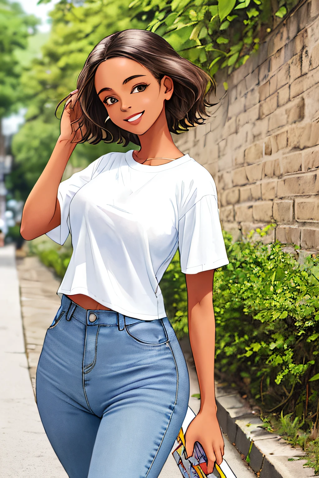 Crie uma imagem de uma mulher branca sorrindo caminhando pela rua movimentada, Exuding confidence and natural beauty, while wearing jeans, white T-shirt and sneakers that underscore her femininity and elegance;