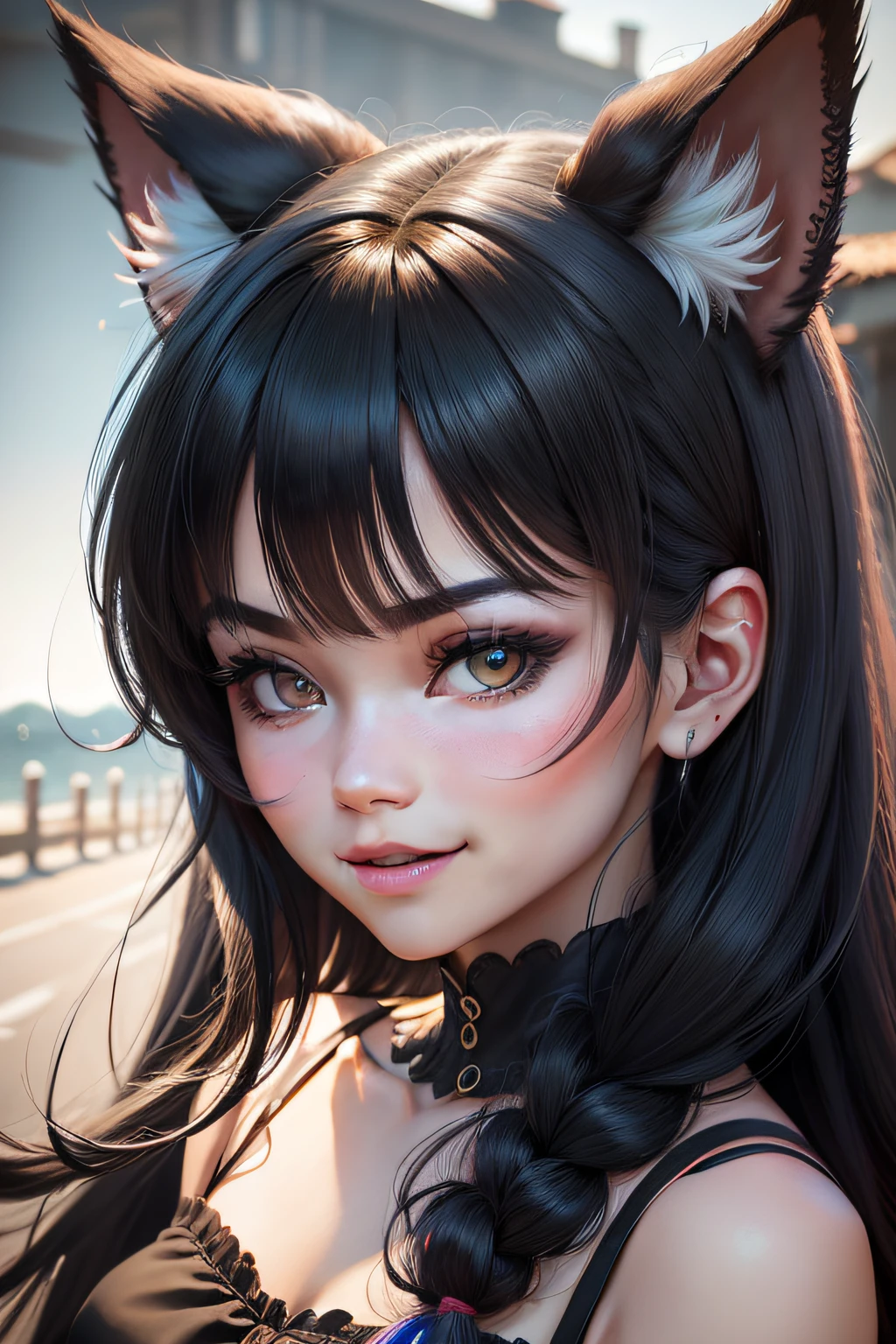 black hair, hair bobbles, wince, longeyelashes, solid circle eyes, fake animal ears, light smile, ear blush, fang, Surrealism, drop shadow, anaglyph, stereogram, tachi-e, pov, atmospheric perspective, 8k, super detail, ccurate, best quality