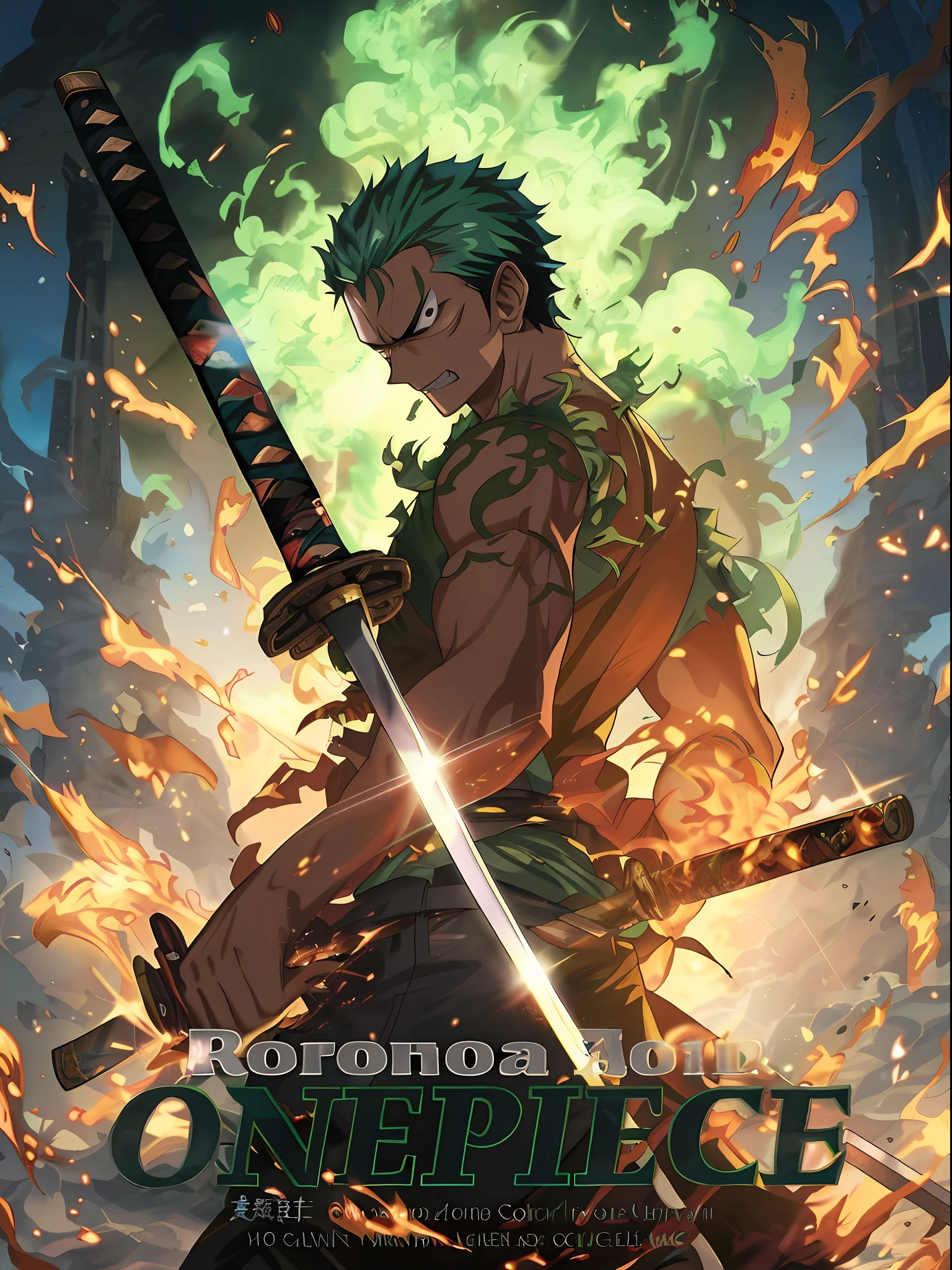 A poster of a man holding a sword in front of a fire, Roronoa Zoro, An anime cover, Green fire, offcial art, Anime epic artwork, glowing green soul blade, anime key art, key art, Official anime artwork, Anime a poster, Otaku Gangasta, Key anime art, anime movie poster, official anime key visual, epic anime