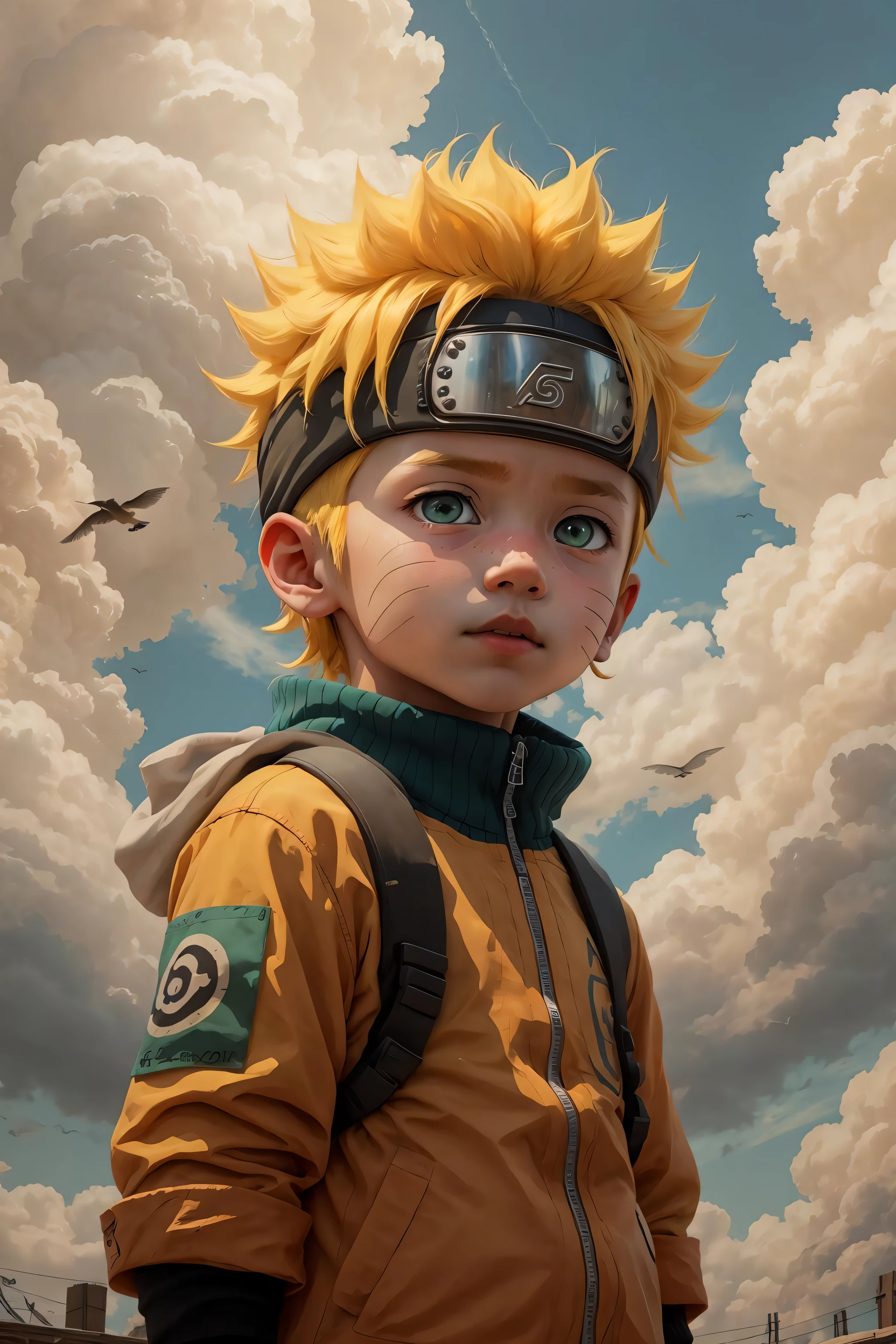 chibinaruto, 1boy, blonde hair, male focus, solo, sky, green eyes, cloud, day, whisker markings, bird, blue sky, male , jacket, outdoors, upper body, cloudy sky