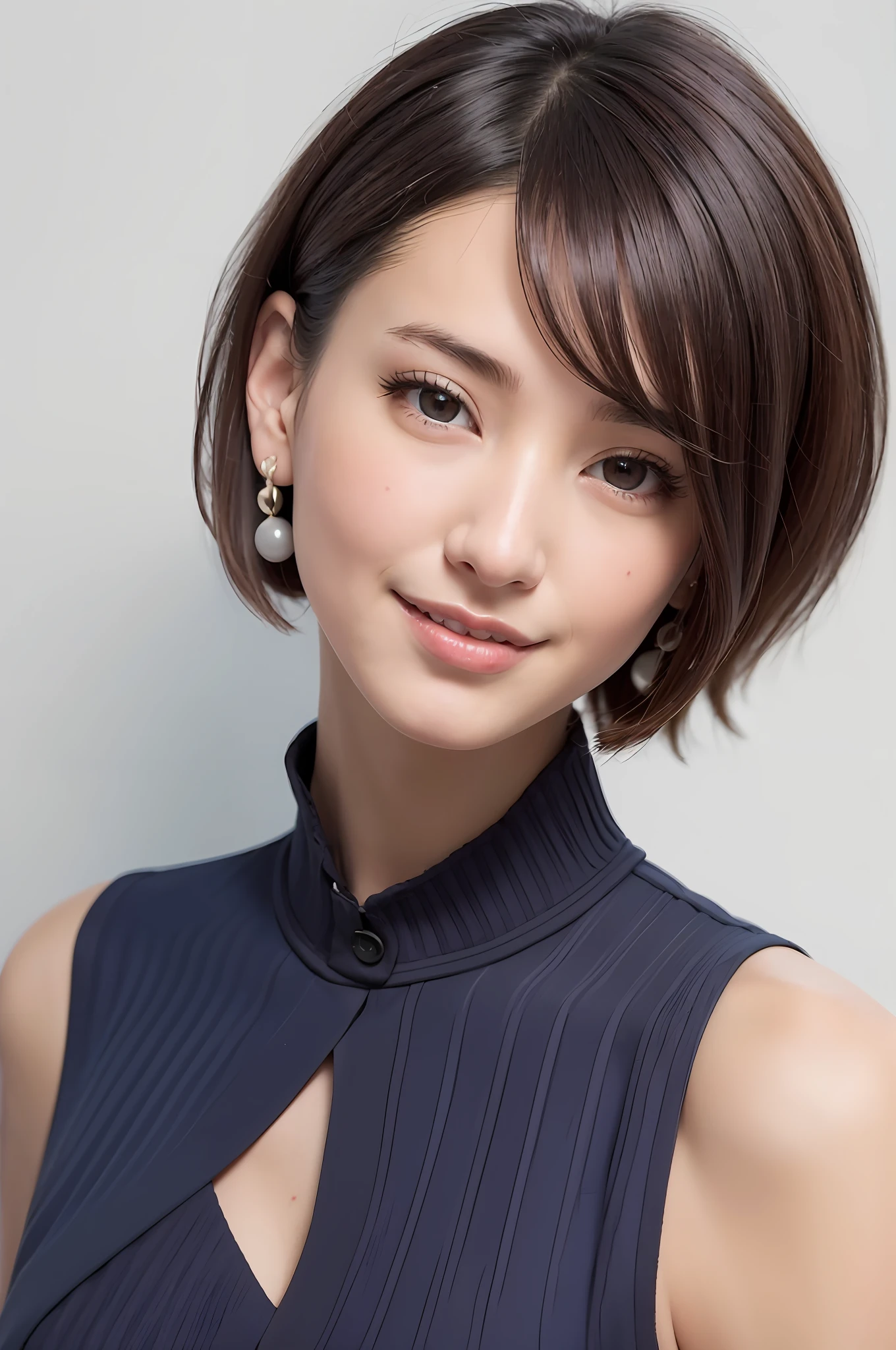 ((masutepiece, of the highest quality, High Definition)), 1 girl, (Photorealistic: 1.4), Solo, (White background:1.2), Mouth closed, Happy smile, Happy smile, pretty black hair, Short hair, Big eyes, clear double eyelids, Eyelashes, Ears out, long neck, long neck, Absolute area, ((Face Close-up)), (Draw all the heads, shoulders), Close up portrait of woman with navy shirt and earrings, With short hair,(French Bob, Short hair:1.1), bob cuts, hime-cut, with a bob cut, Asymmetry!!, t-top, Short Bob Cut, from side view, navy, style of yoshii chie,
