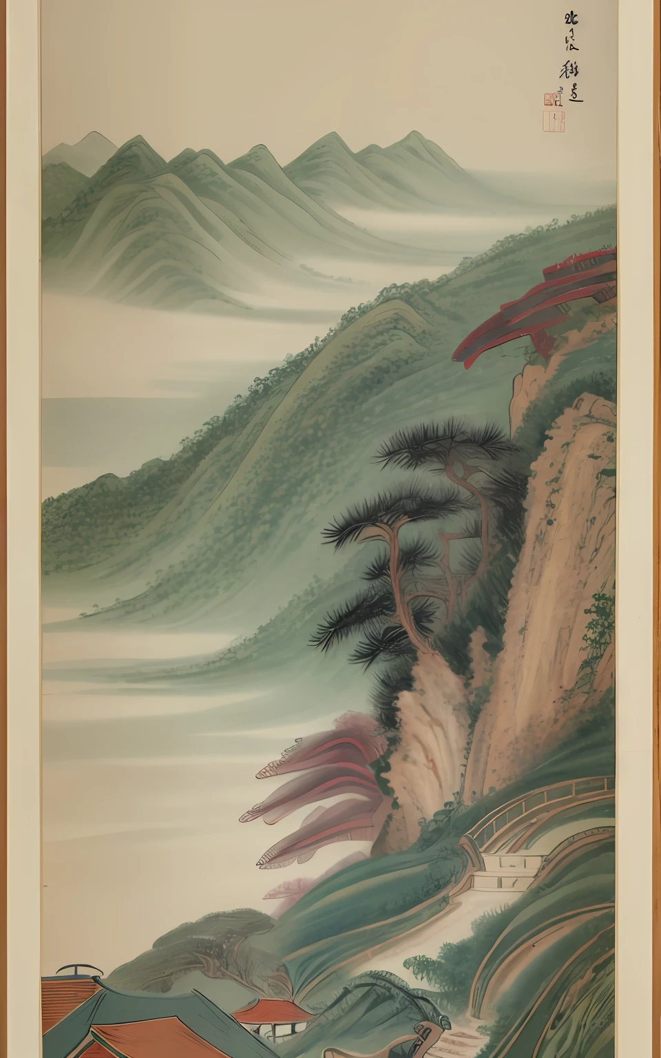 high high quality, mont, Mist, the trees,scenecy,Skysky,Chen Shaomei,clouds,The tree,chinese paintings,with an antique feel,Song Dynasty,Song painting,Point view characters,人物,waterfallr,Classical figures,Green landscape,village,