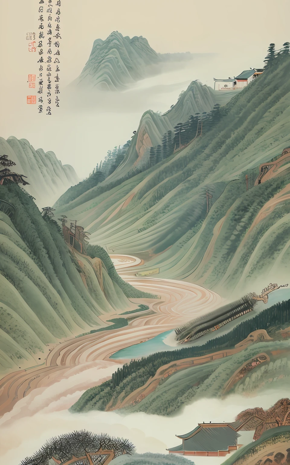 high high quality， mont， Mist， the trees，scenecy，Skysky，Chen Shaomei，​​clouds，The tree，chinese paintings，with an antique feel，Song Dynasty，Song painting，Point view characters，人物，waterfallr，Classical figures，Green landscape，village，