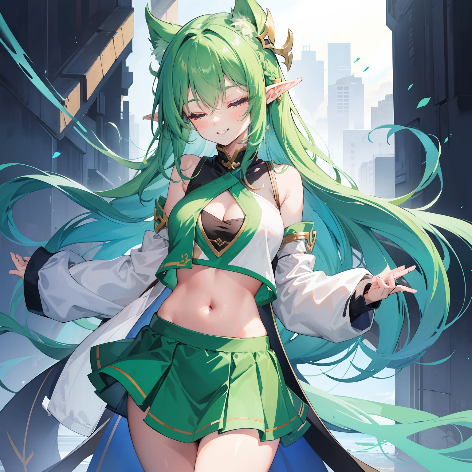 1 Girl, eyes closed, nose, elf ear, eyebrow, smiling, teeth, big green hair, blue hair ends, bangs, hair between eyes, lora:add_detail, short sweatshirt on belly, short skirt, slim waist, belly , big chest, thick legs, big thigh, standing