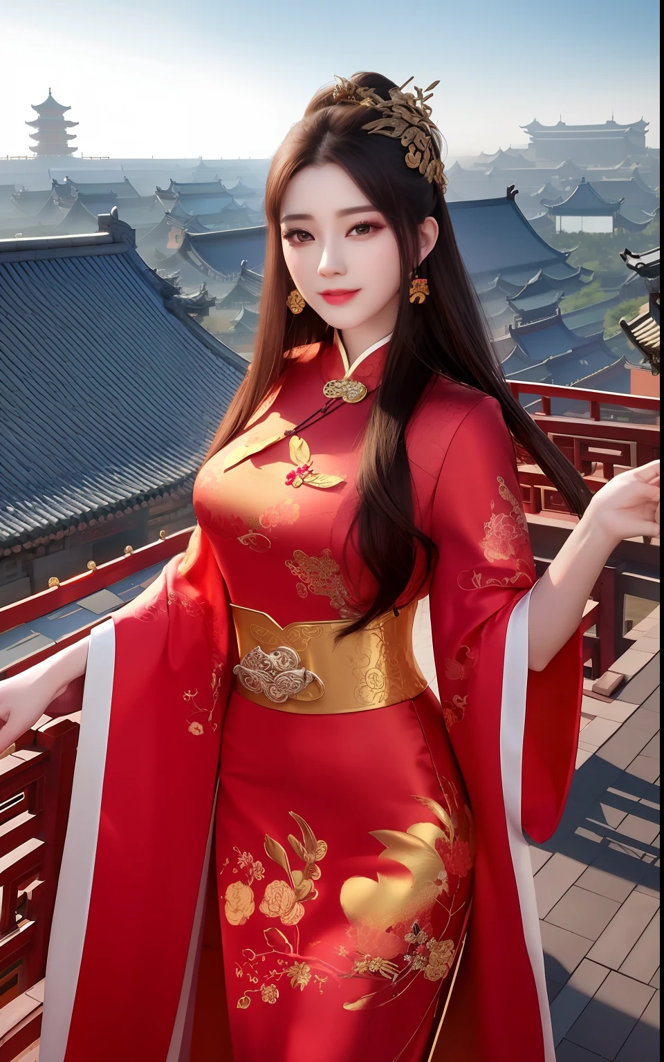 best quality, masterpiece, highres, 1girl,china dress,Beautiful face,
hair ornament, solo,looking at viewer,smile,closed mouth,lips,
china dress,dress,hair ornament, necklace, jewelry, long hair, earrings, chinese clothes,
architecture,east asian architecture,building,outdoors,rooftop,city,cityscape