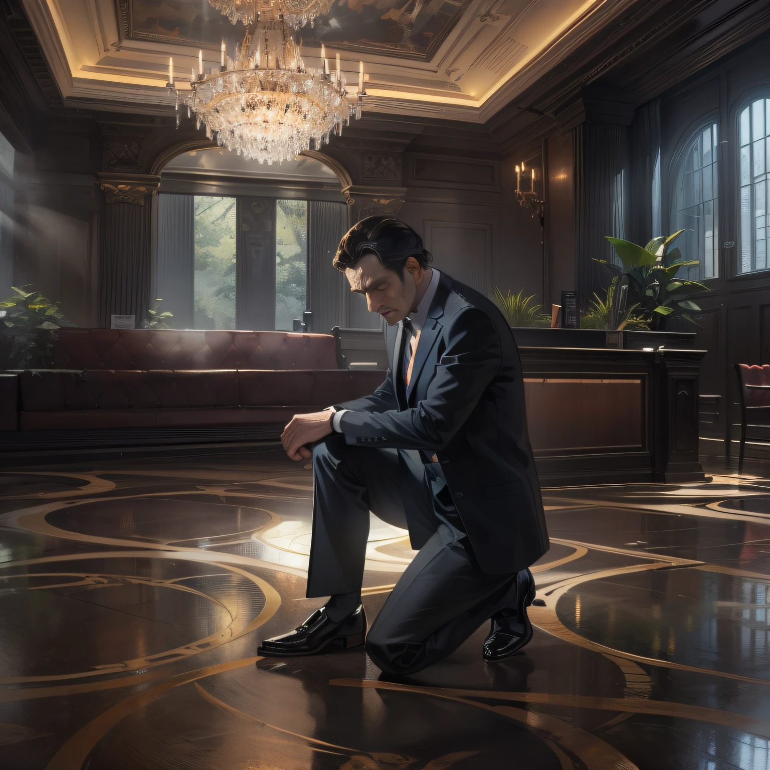 A 55-year-old middle-aged man in a suit with short black hair，kneeling down，Inside the restaurant lobby，grand master，tmasterpiece，8k wallpaper，CG，Ultra-high image quality，light and shadow effect