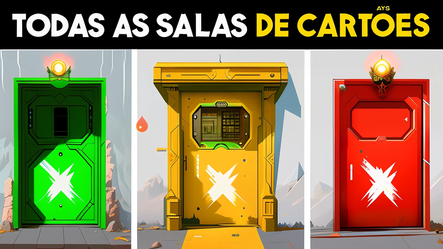 three doors with a green light and a red light on them, doors that are cosmic portals, Portais, valorant, estrela, Caparisons coloridos, Estilo Valorant, Ter, venda, Sabbas, riot jogos, portas de elevador parecem uma boca, bordalo, estilo de arte borderlands, Balaskas, salvador, description, 3 portas, Make everything asymmetrical