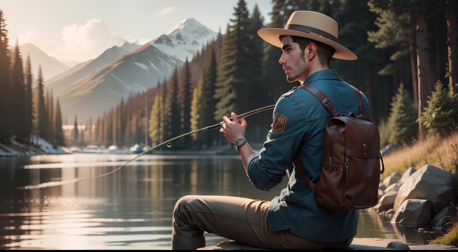 The man's name is Pulisic，He was sitting on a rock by the lake fishing，He holds a long fishing rod in his hand，He has a wide-angle lens，Back lens，full bodyesbian，(Masterpiece,Best quality: 1.2)，Arafeld man in casual clothes with hat, high quality portrait, Vista picture，Rendu portrait 8k, maxwell render, professional portrait hd, well-groomed model,Dramatic, photorealistic painting art by midjourney and greg rutkowski