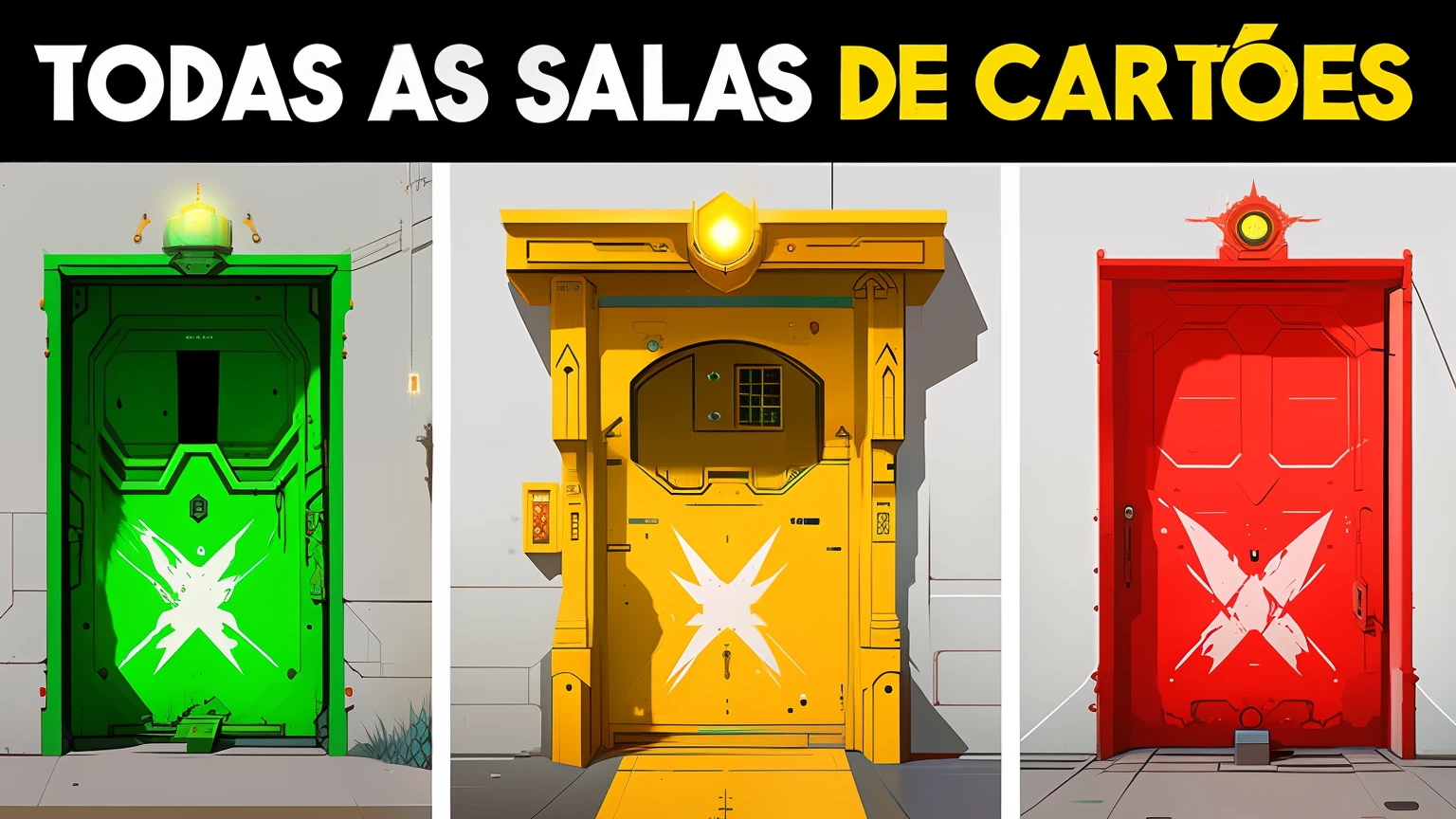 three doors with a green light and a red light on them, doors that are cosmic portals, Portais, valorant, estrela, Caparisons coloridos, Estilo Valorant, Ter, venda, Sabbas, riot jogos, portas de elevador parecem uma boca, bordalo, estilo de arte borderlands, Balaskas, salvador, description, 3 portas, Make everything asymmetrical