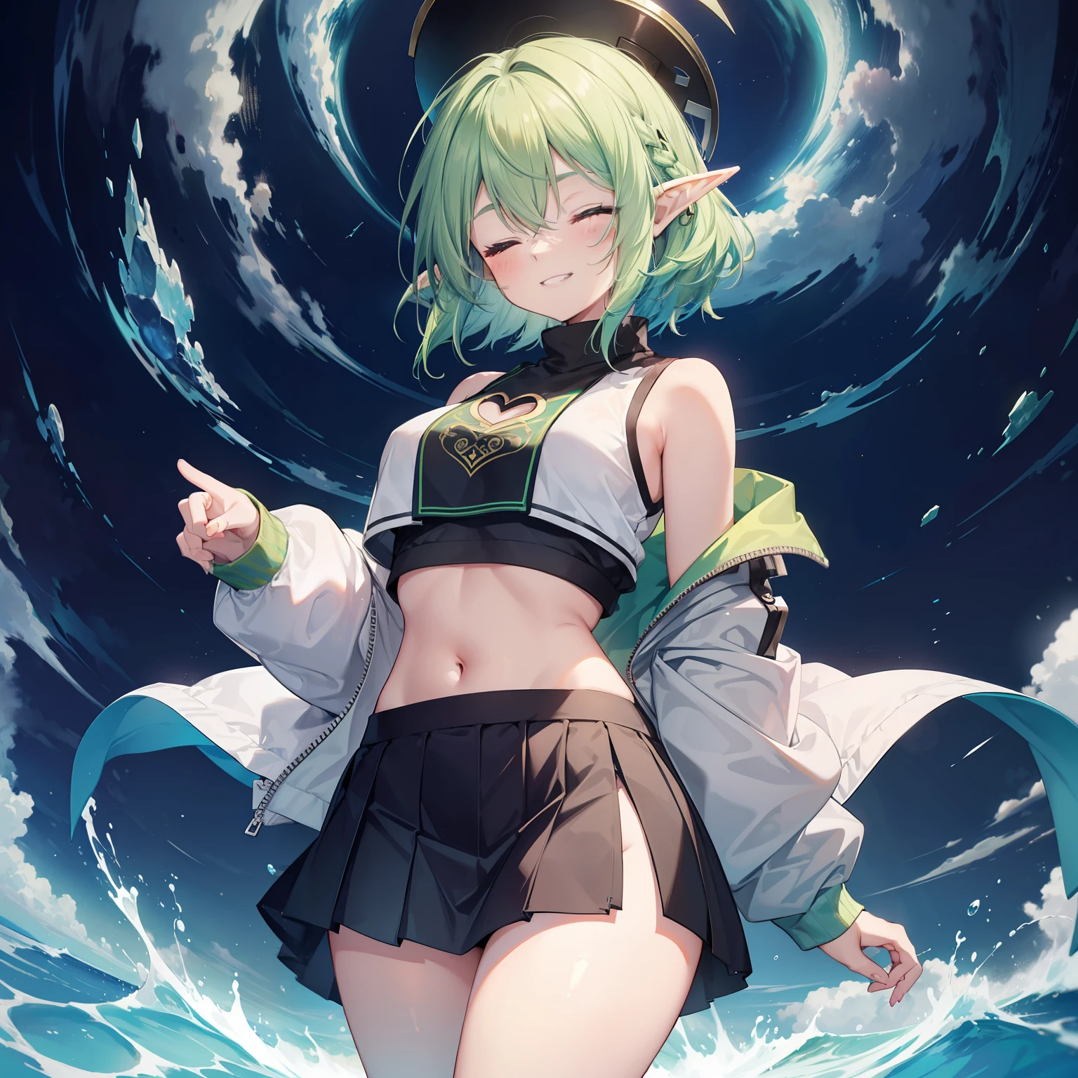 1 Girl, eyes closed, nose, elf ear, eyebrow, smiling, teeth, big green hair, blue hair ends, bangs, hair between eyes, lora:add_detail, short sweatshirt on belly, short skirt, slim waist, belly , big chest, thick legs, big thigh, standing