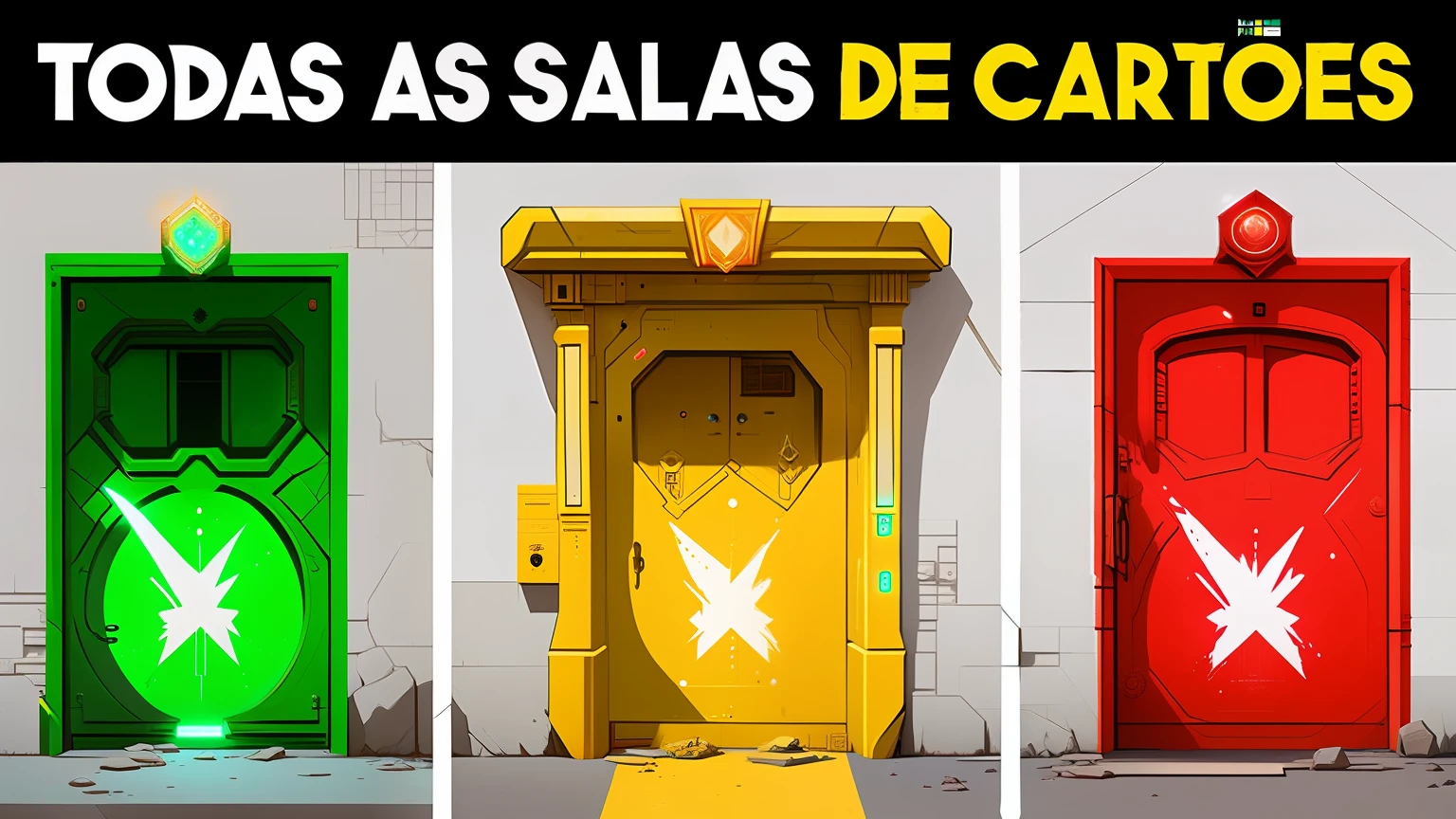 three doors with a green light and a red light on them, doors that are cosmic portals, Portais, valorant, estrela, Caparisons coloridos, Estilo Valorant, Ter, venda, Sabbas, riot jogos, portas de elevador parecem uma boca, bordalo, estilo de arte borderlands, Balaskas, salvador, description, 3 portas, Make everything asymmetrical
