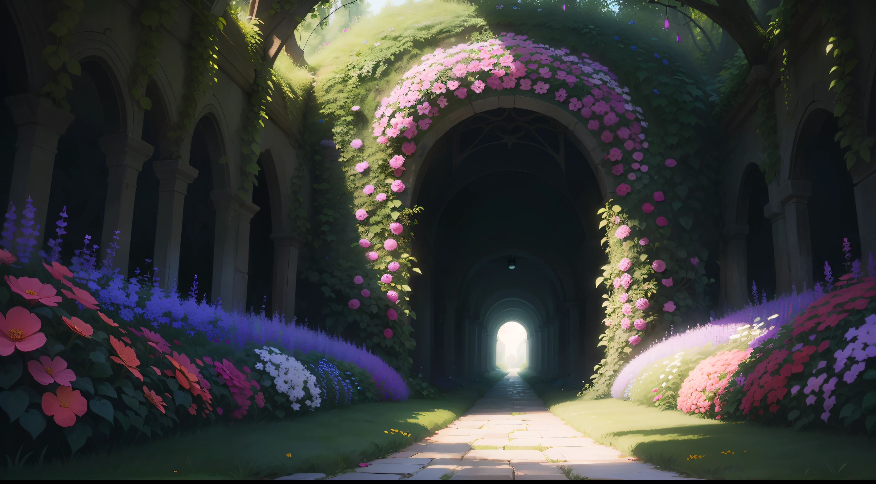 magical garden and a tunnel of a beautiful flowerly decorated tunnel of arbor giving a sense of depth to the scene, Digital Painting style, the garden is surrounded by surreal hedgegrow, Pleasing colors, Colors must be vibrant, the tunnel is bright and include glowing light lamps