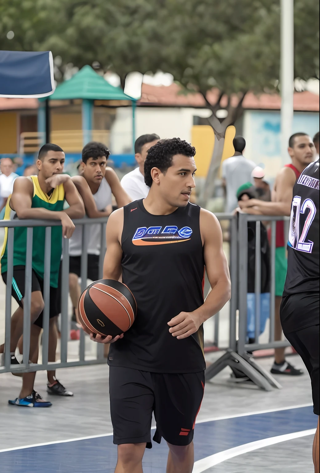 There are two men playing basketball on a court with a crowd watching, Directed by: Felipe Seade, jogar basquetebol, tiro focado, olhar intenso, Carmelo Blandino, basquete, intense expression, camaradagem, Directed by: Fernando Gerassi, extremamente intrincado, desporto, Directed by: Nandor Soldier, Foto de perfil, Olhar Focado, Directed by: Matteo Pérez, Directed by: Leo Valledor