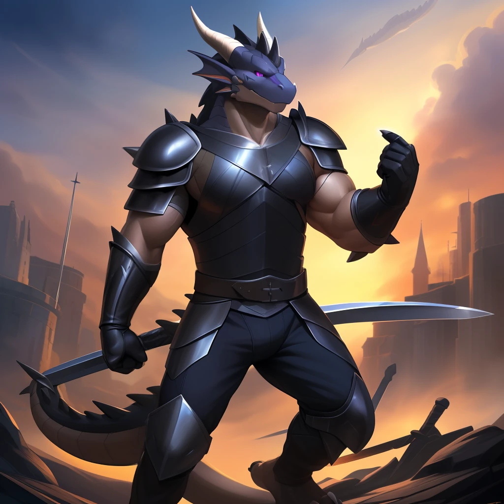 (masterpiece, best quality, high quality, highres:1.4), perfectly drawn anime, detailed, extremely detailed, ambient soft lighting, 4K, yupa, (by fffffolder)), delga: ( slim_hunk, athletic, dragon, black body, smooth skin, athletic muscle, anthro legs, (dragon feet), (toe claw), spiked tail, purple eyes, black spikes, (detailed eyes), dragon horn, dragon tail, bare_shoulders, holding, swords , two swords, (clothing, (topwear: (black armor), handwear:(gloves), bottomwear:(pants:black, [[leg armor]]))), handsome, closed_mouth, ((serious_look, serious)) tag:1boy), staring at camera, battlefield, fierce battle, ((war))
