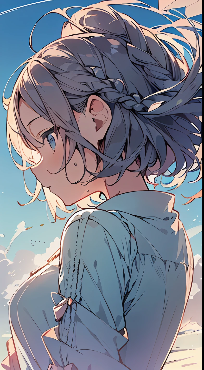 masutepiece, Best Quality,Illustration, Wallpaper, Ultra Detail, absurderes, 1girl in, Solo, (Medium short hair、short braided hair), Beautiful detailed eyes , luminous sky、Hair that flutters in the wind,Curvaceous、(a panoramic view:1.3),(Sense of depth:1.5),(longshot:1.5)