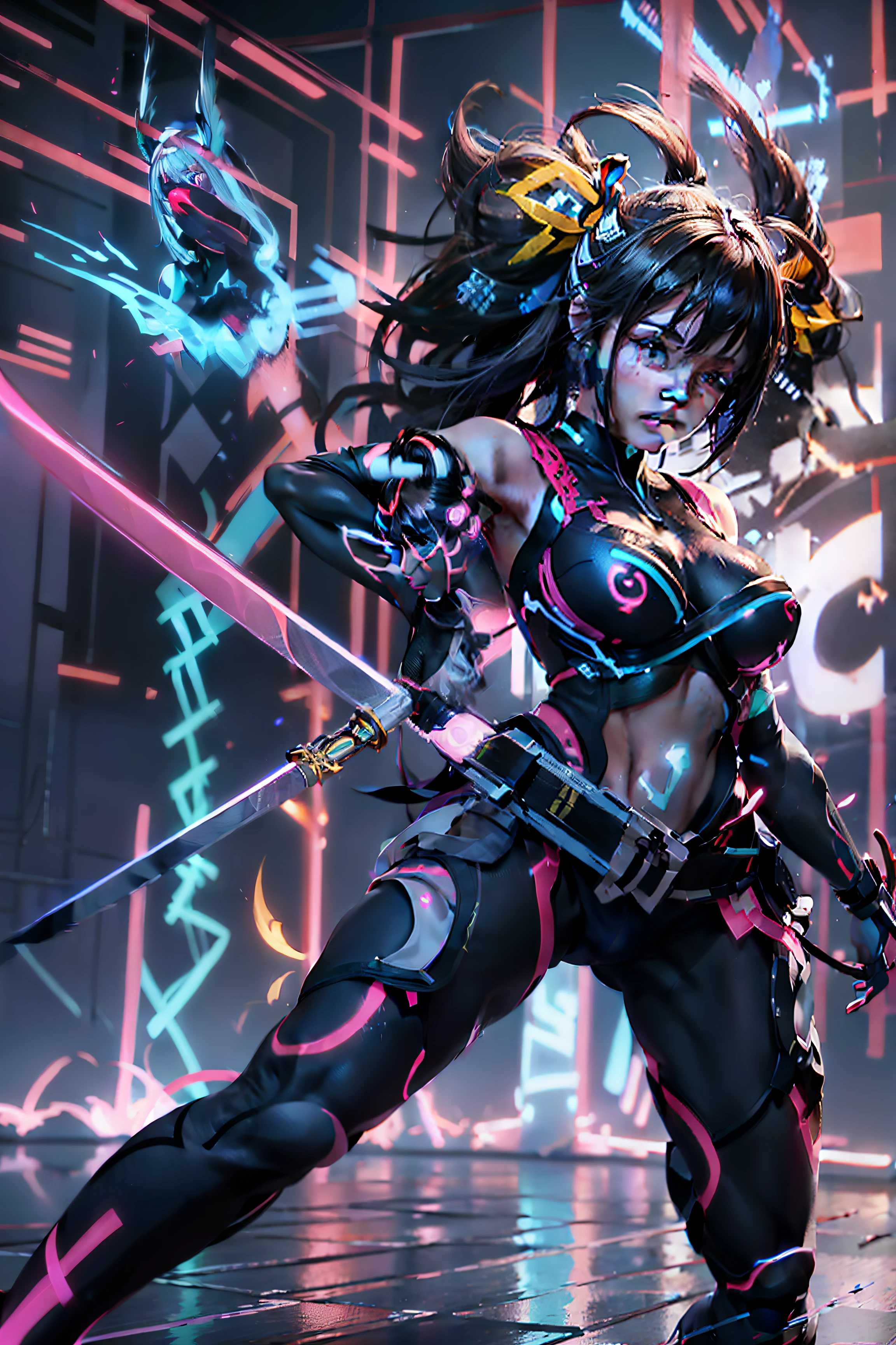 "Artistic Image Types: {In a world where the neon's glow battles the encroaching darkness, one warrior stands resilient - a ninja girl with radiant beauty. Her outfit, adorned with neon patterns, shines with every move, while her sword, charged with neon energy, is ready to strike. Her eyes, filled with determination, fixate on her adversaries}, Neon Blade Maiden, Futuristic Dojo, Combat Stance, (Ambient Neon Glow:1.3), (Digital Painting:1.25), (4K:1.3). Environment: An advanced dojo with high-tech design elements, bathed in soft neon glows."