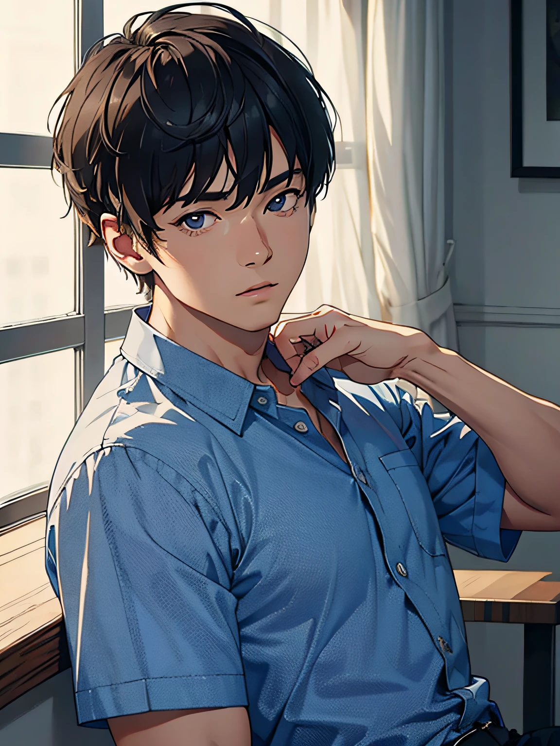 An adult male，The shirt，short detailed hair，Works of masters，Best image quality，Higher quality，high detal，超高分辨率，8K分辨率