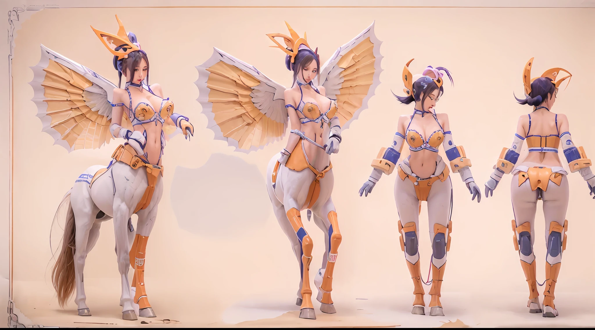 A female centaur,She is famous in the multiverse,She is both a female centaur, half human, half horse, half horse,It is also a female Yingzhao。She blends both images,The first is the head of a horse/neck/Shoulder these parts,After feminization,The upper body transforms into a beautiful female human,Female, half-centaur, half-human, half-horse, half-human,The second is the waist of the horse/hason/gluteal/Legs feminine,Female half-horse with beautiful woman's,Chimer,It's like a female human wearing a half-horse-like costume and making a seamless chimera,This chimerization is based on powerful futuristic technology。The ultra-wide-angle lens captures the image of her sleek and ethereal wings charging and leaping on the ionosphere。Her front half is distinctly feminine,Tall sexy body,Has K cup teardrop-shaped giant tit chest,It has a small man's waist butterfly spanning long legs,The half-horse part of the hind body,Embedded interface in the front half of the body hip position。The back half of her body is horse-shaped,Half-horse torso,The morphology is completely female and humanized,Start at the upper end of the sternum,Embedded in the lower back position of the beauty body,Sexy bent dog style shaped chest/lower back/Ventral transverse,Then there are the sexy beauty's upright hips,Her entire body has been completely feminized,Including the half-horse part,Mechanized armor covers the knee-shaped anti-joints and feet,And these parts are highly anthropomorphic,This gives her legs a graceful and slender line,She has four slender legs like a supermodel,Under the legs are skinny white feet dressed in Skyscraper Heels,Use Midjourney's advanced stroke tools and color palettes, as well as texture packs, model packs, and texture tools,Concentration,Femaleize all parts of her original equine physiologic appearance,And give these parts an ergonomic appearance,Fine treatment of the thoracic and abdominal cavity of the posterior body,As well as hips and legs,Tightly connected details