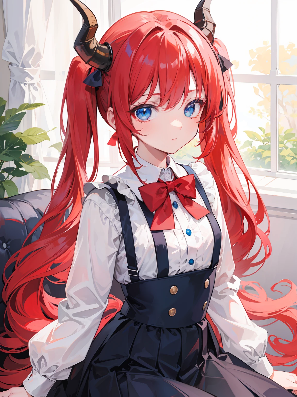 {{best quality}}, {{masterpiece}}, {{ultra-detailed}}, {illustration}, {detailed light}, red hair,blue eyes,twintails,lolita,Suspenders skirt,Fantastic,loli,solo,Dragon horns,little girl,long hair