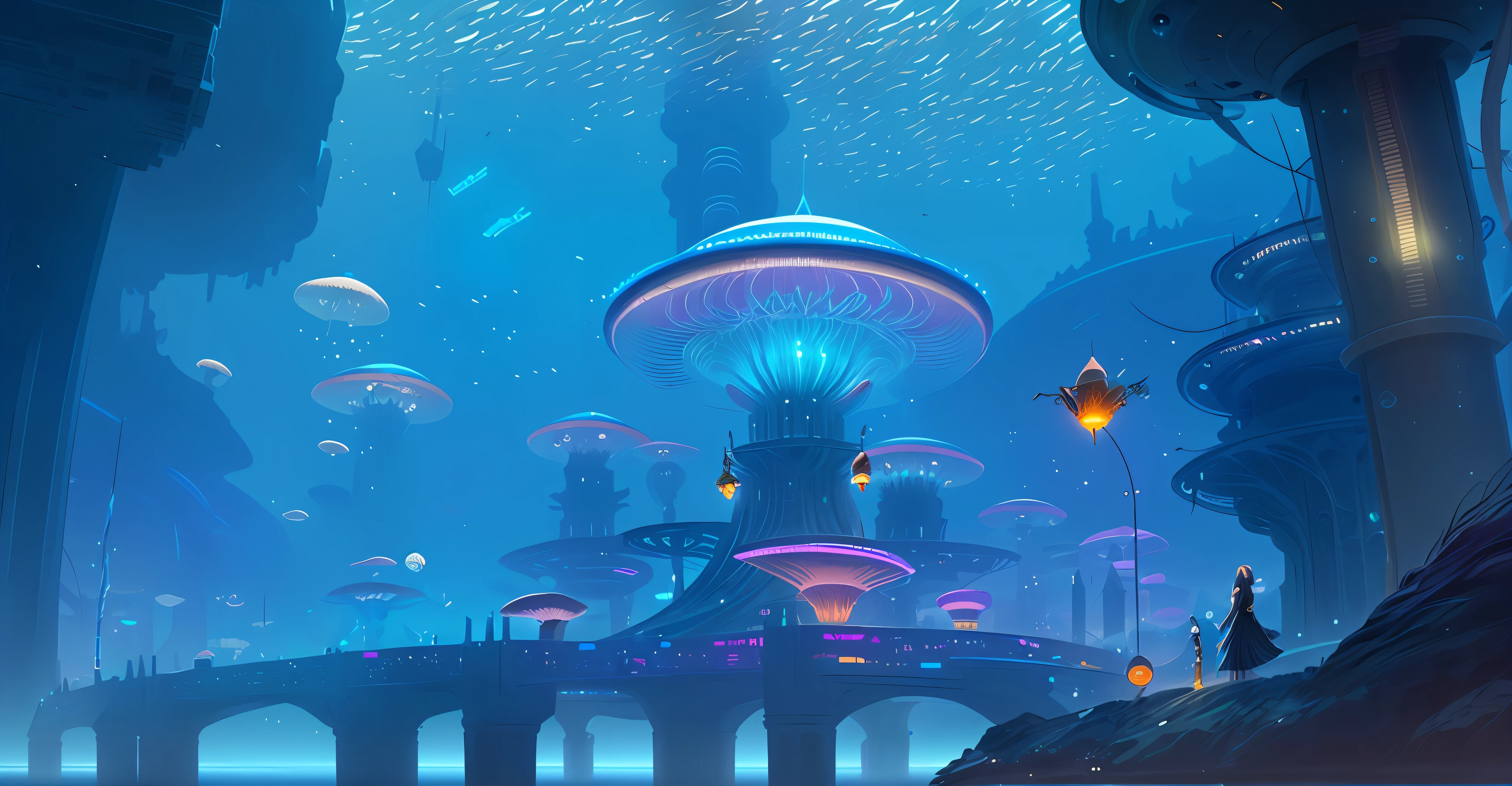 In the big cities,There was a beautiful woman standing on the boat, an underwater city, futuristic underwater metropolis, an underwater city, mystical sci-fi concept art, cyberpunk jellyfish, Sci-fi fantasy wallpaper, Concept art wallpaper 4K, jellyfish temple, epic fantasy sci fi illustration, beautiful concept art, concept art 8 k, concept art stunning atmosphere, underwater mushroom forest