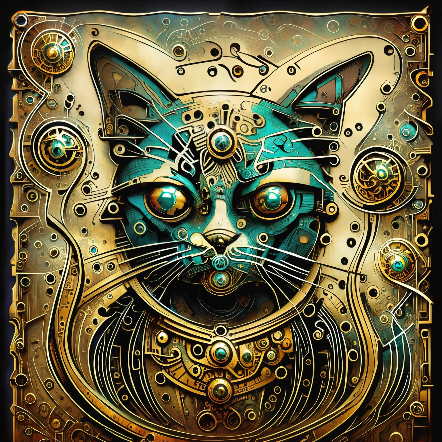 (steampunkai Jackson Pollock), uma gato de lado em estilo steampunk, (cores,Colouring,32 k),USA ,super detalhado, muitas cores