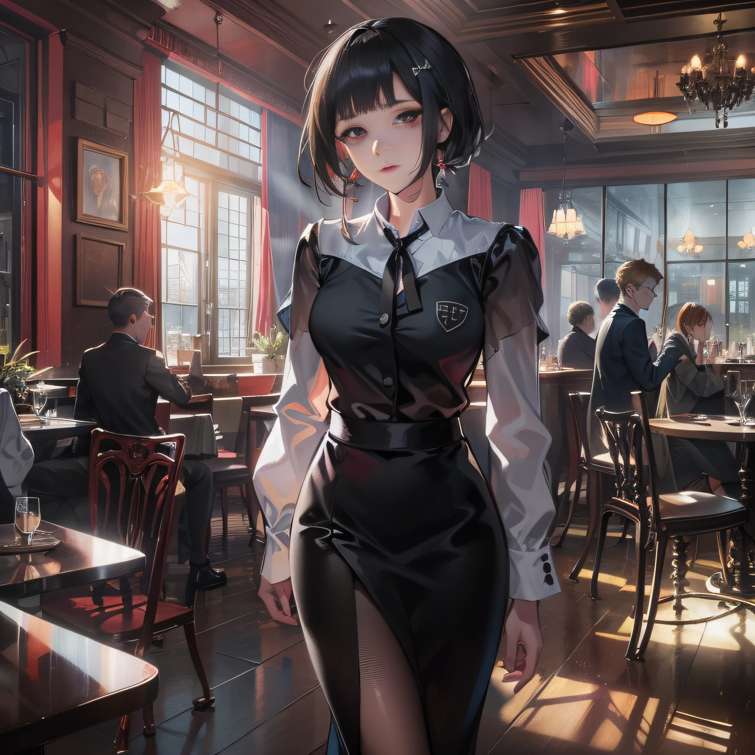 A 20-year-old waitress with short black hair in formal wear，The expression is panicked，Inside the restaurant，grand master，tmasterpiece，8k wallpaper，CG，Ultra-high image quality，light and shadow effect