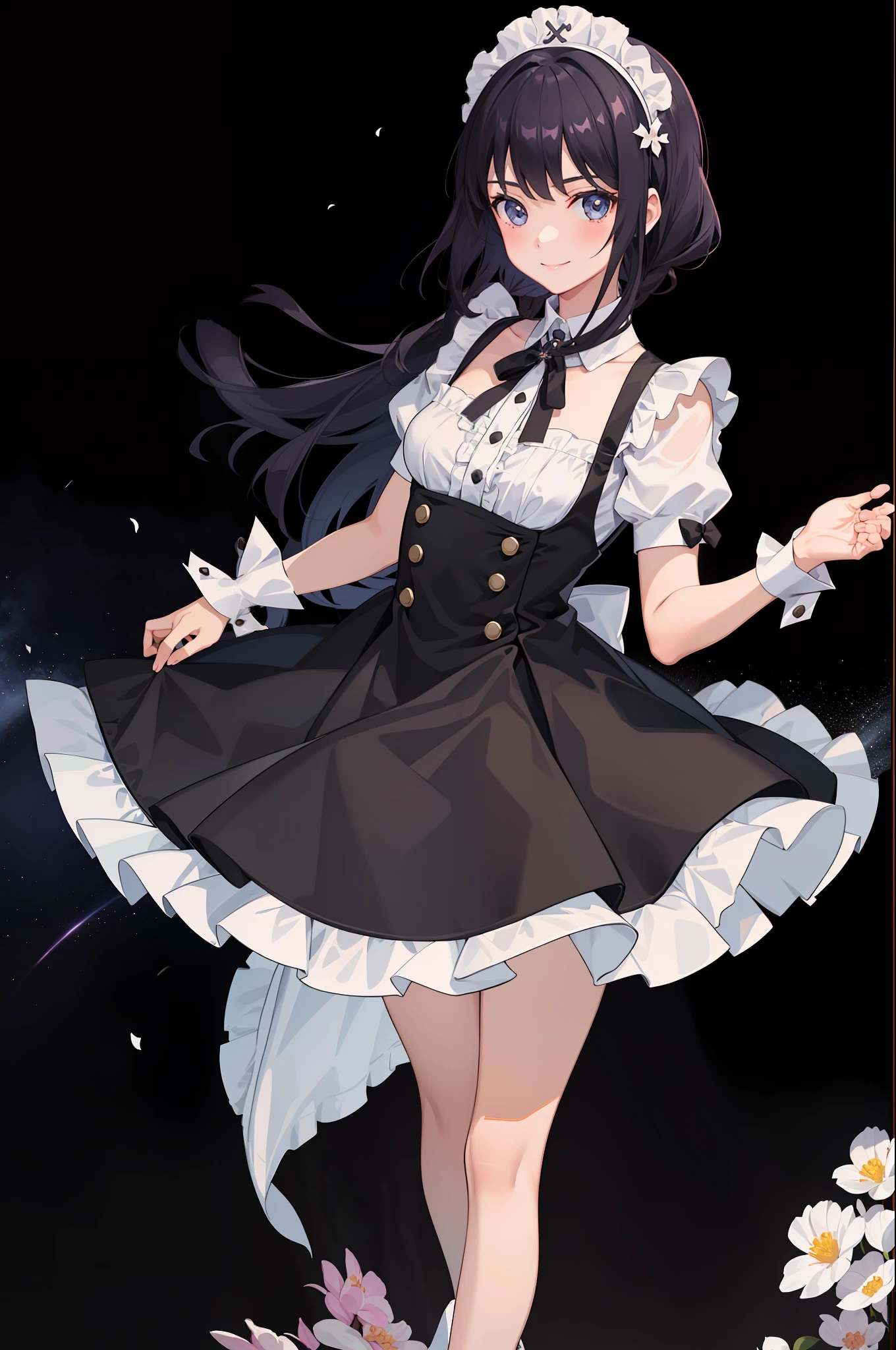 1girl in、A smile、A delightful、skirt by the、(small tits)Chilarism、doress、pinafore、Maids、hair adornments、