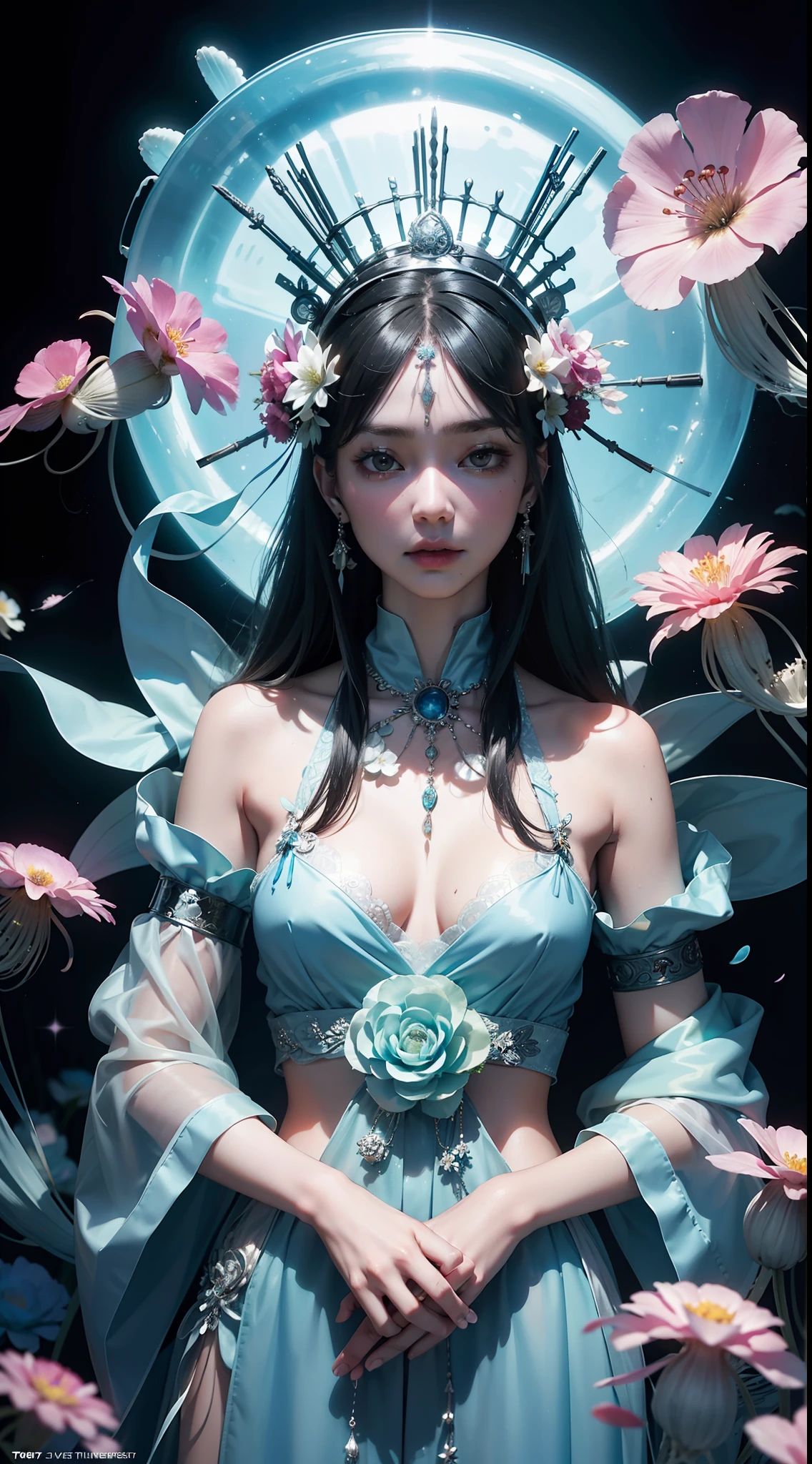 A woman dressed in a silver headdress and a costume with flowers,HmongCostume， jellyfish shrine maiden, jellyfish priestess, Intense light and shadow，Fluorescence，glittery，anaglyph effect , Zhang Jingna, yoshitaka amano photorealistic, Björk aesthetics, inspired by Tsukioka Yoshitoshi, Flower shaman, Nick Knight, There is very little flower punk happiness，Eerily dark atmosphere，best qualtiy，8K