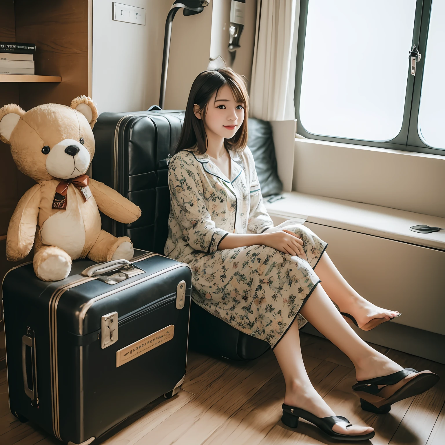 An adorable image of an 18-year-old girl with a cute appearance, wearing a pair of map and airplane print pajamas. She's sitting in an old suitcase, holding a teddy bear in a traveler's outfit. all around, there are tickets, passports and travel objects, creating an atmosphere of adventure and discovery
