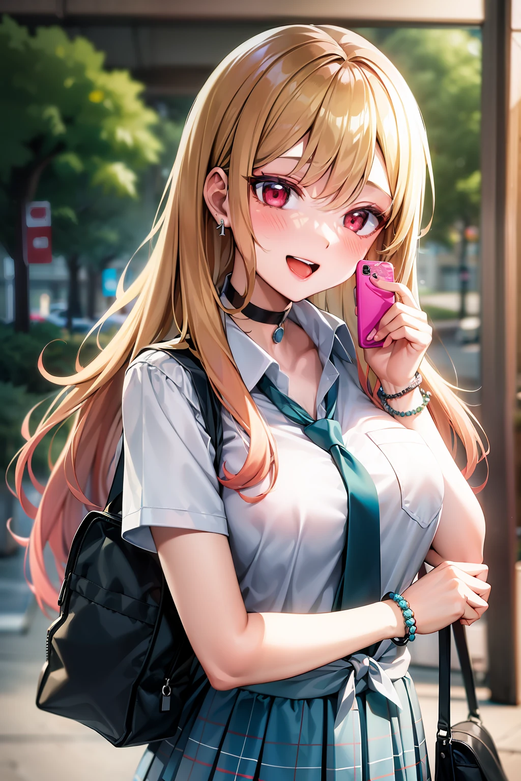 (((masterpiece))), MarinKitagawa, 1girl, long hair, looking at viewer, blush, smile, open mouth, skirt, blonde hair, large breasts, shirt, red eyes, 1boy, holding, cleavage, jewelry, school uniform, white shirt, :d, pleated skirt, earrings, outdoors, necktie, teeth, solo focus, choker, collared shirt, bag, blurry, bracelet, blue skirt, plaid, blurry background, black choker, plaid skirt, phone, piercing, cellphone, ear piercing, holding phone, school bag, blue necktie, tied shirt, bead bracelet,