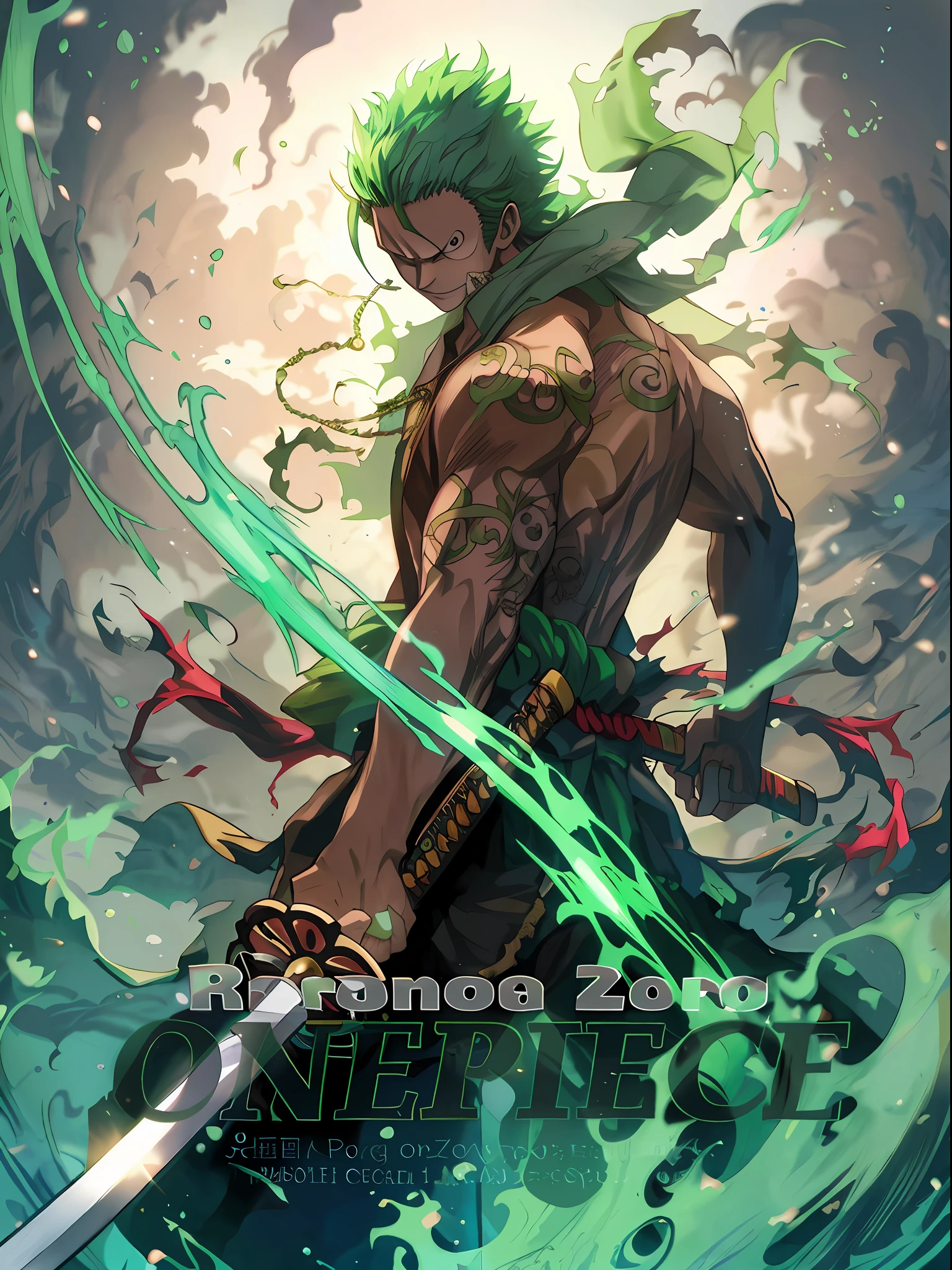 Photo of a green-haired man holding a sword, Roronoa Zoro, one piece art style, from one piece, Anime epic artwork, An anime cover, Album art, One Piece, Official artwork, offcial art, nami one piece, octa 8k, advanced digital anime art ”, Official anime artwork, inspired by Eiichiro Oda, official artbook