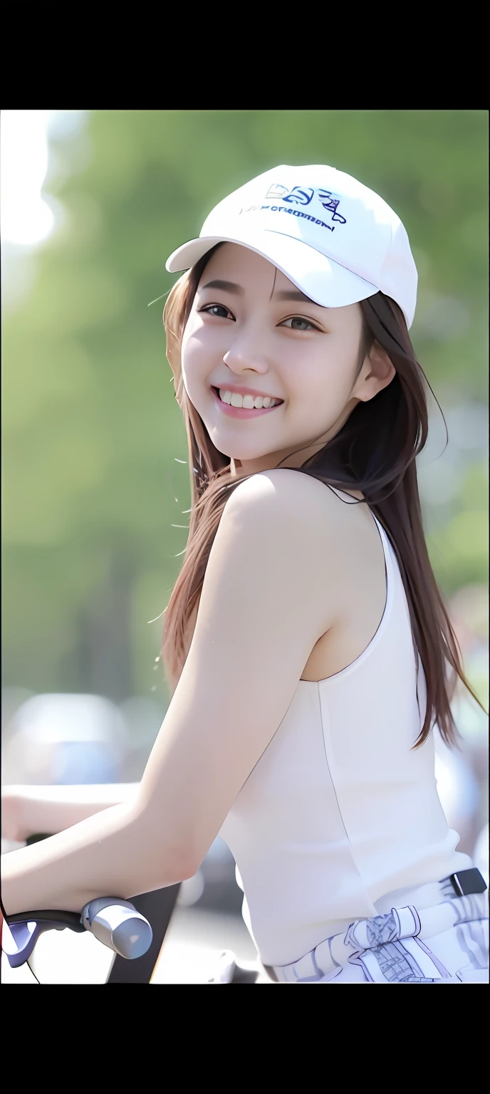 Close-up of a woman on a motorcycle wearing a hat, beautiful Korean women, shaxi, cute korean actress, wan adorable korean face, Lovely smile, ruan jia beautiful!, Gorgeous young Korean woman, and she smiling，Very happy, laughing sweetly, jia, beautiful and smiling, jaeyeon nam, she's smiling, Chinese girl, Korean girl