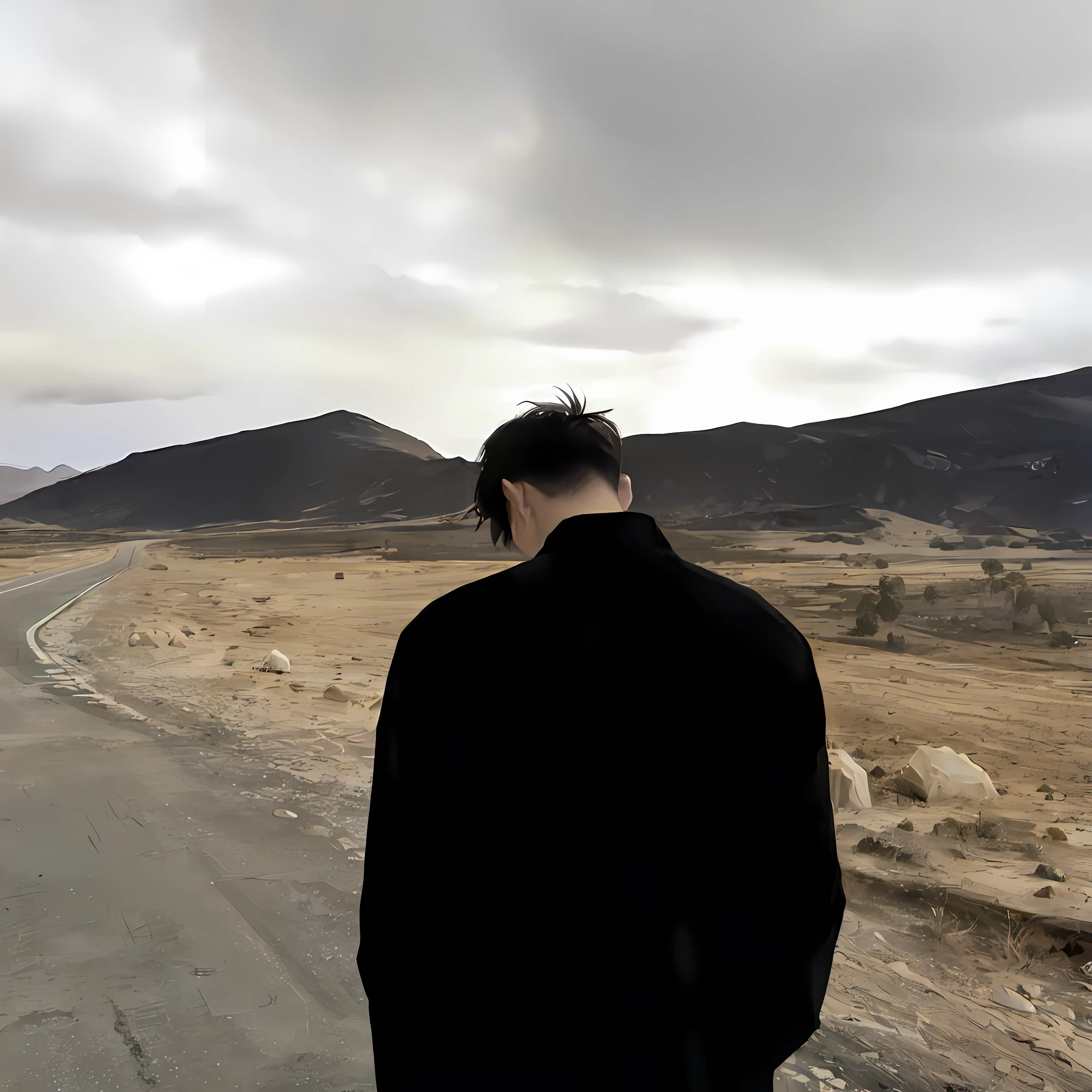 There was a man standing on the side of the road watching the road, standing in road, walking away from the camera, far away from camera, on road, in a desolate empty wasteland, In the middle of nowhere, hills in the background, On the desert road, In the middle of the desert, Standing in the desert, standing in desert