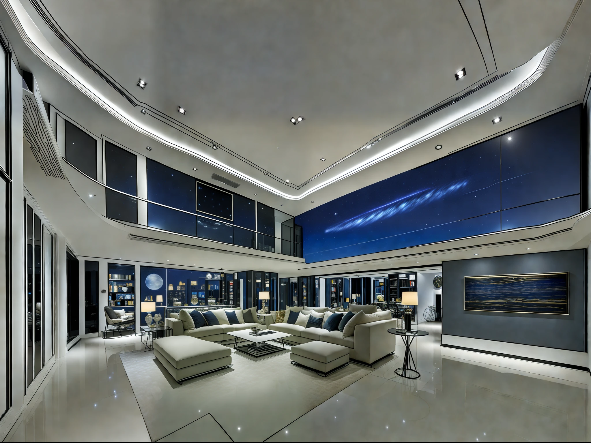 best quality, master, highres,Complicated details，Starry Sky Future theme，modern living room，sofe，tvp，Sound system，hanging lights，potted，Modern art sculpture，bookshelves，vases，softness、Comfortable carpet，Hangings on floor-to-ceiling windows