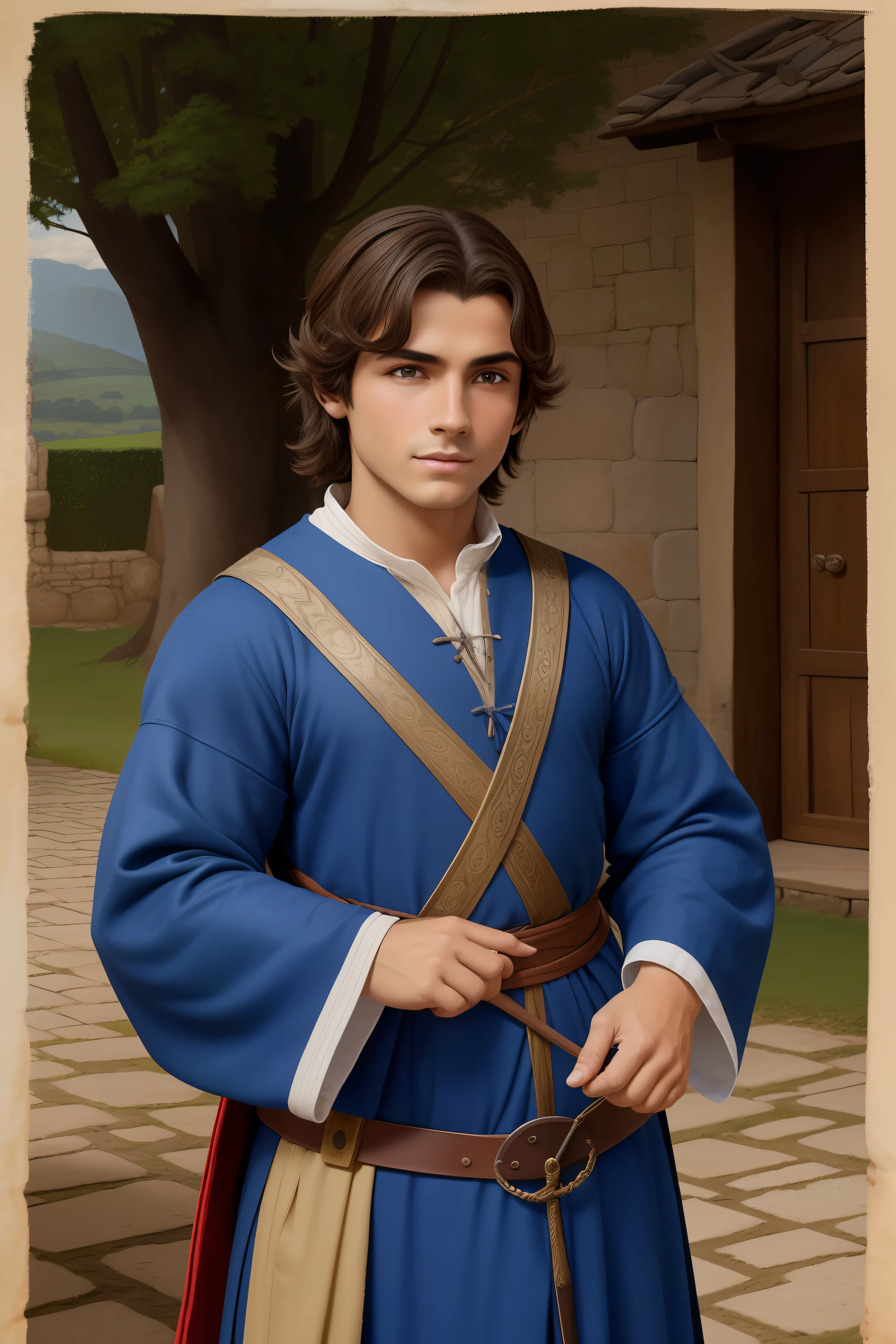 garoto medieval, masculino, corpo inteiro, barnet, 10 anos, pele branca, olho esquerdo verde e olho direito azul, cabelo castanho, veste roupas simples medievais, andando pelas ruas de uma vila medieval ensolarada, fantasia medieval, Peasant