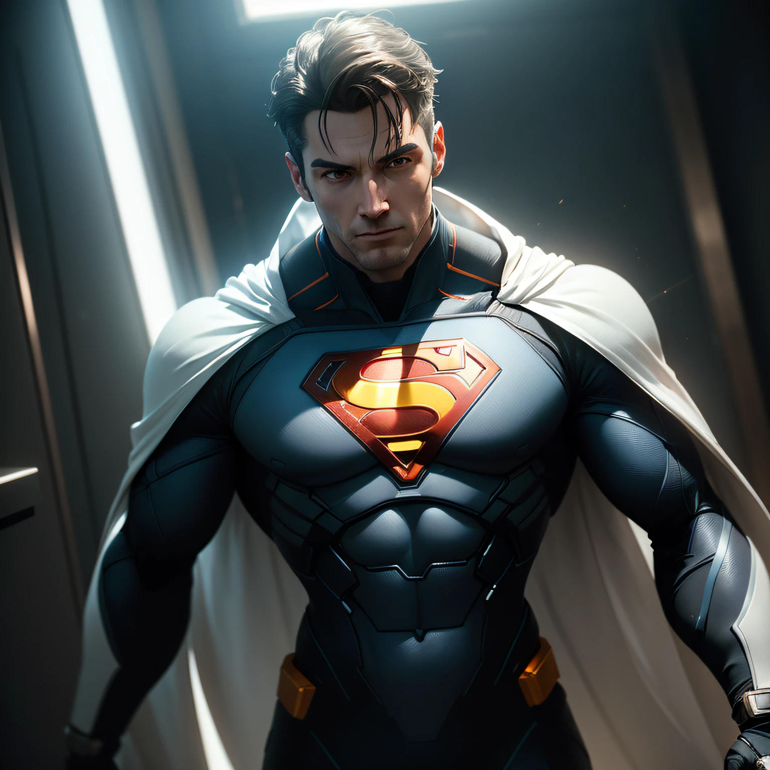 (BeA Beautiful men, Superman Cybernetic Figure, HDR (High Dynamic Range), Ray Tracing, NVIDIA RTX, Super-Resolution, Unreal 5, Subsurface Scattering, PBR Textures, Post Processing, Anisotropic Filtering, Depth of Field, Maximum Sharpness and Sharpness, Multi-layer Textures, Albedo and Highlight Maps, Surface Shading, Accurate simulation of light-material interactions, perfect proportions, Octane Render, two-color light, large aperture, low ISO, white balance, rule of thirds, 8K RAW, Full White costume,cape