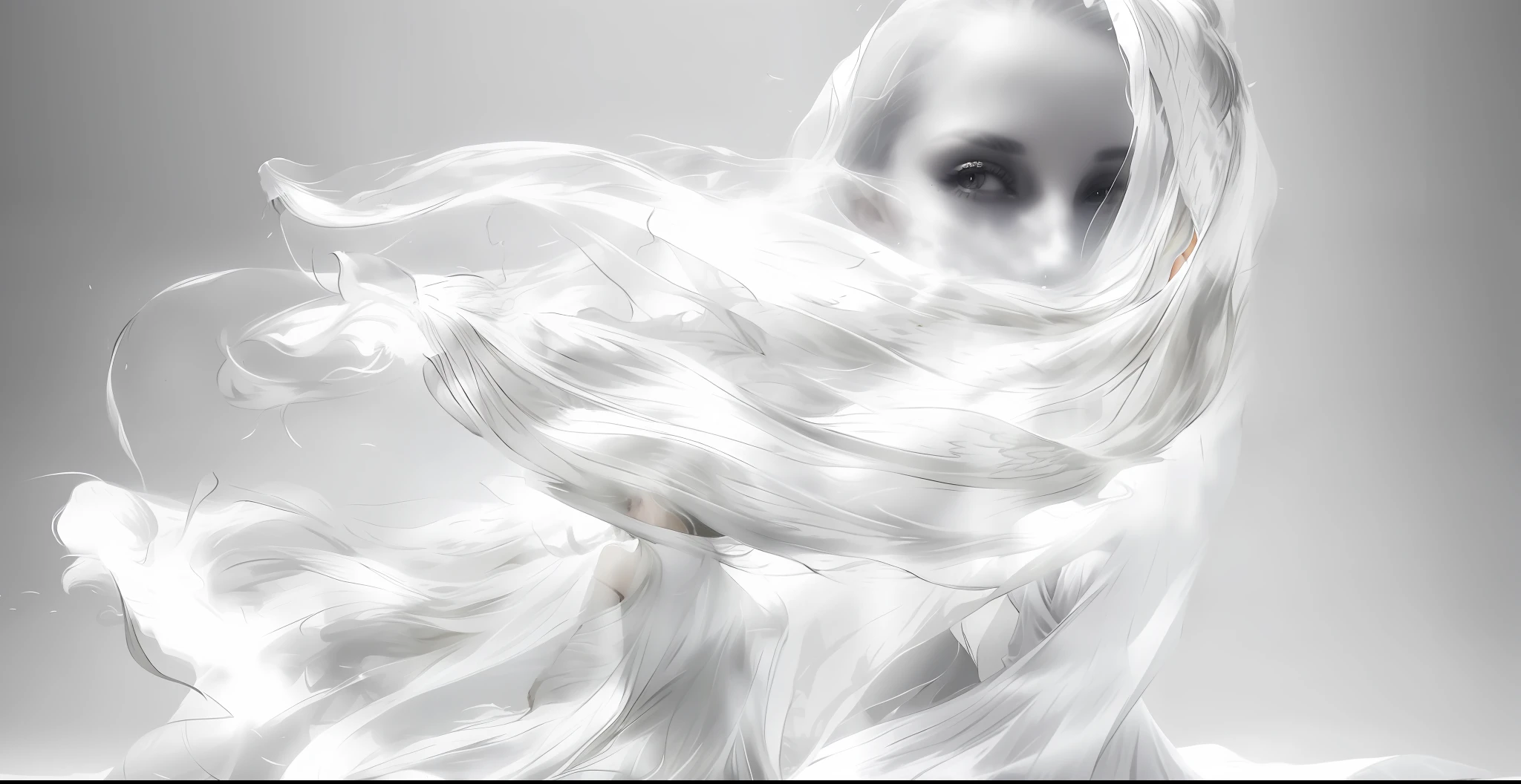 araffed woman in a white dress posing for a picture, endless flowing ethereal drapery, a stunning young ethereal figure, ethereal beauty, draped in transparent cloth, flowing gown, flowing fabric, flowing white robes, wearing a white flowing dress, ethereal back light, silk flowing in wind, ethereal wings, flowing dress, wind blowing and hair flowing