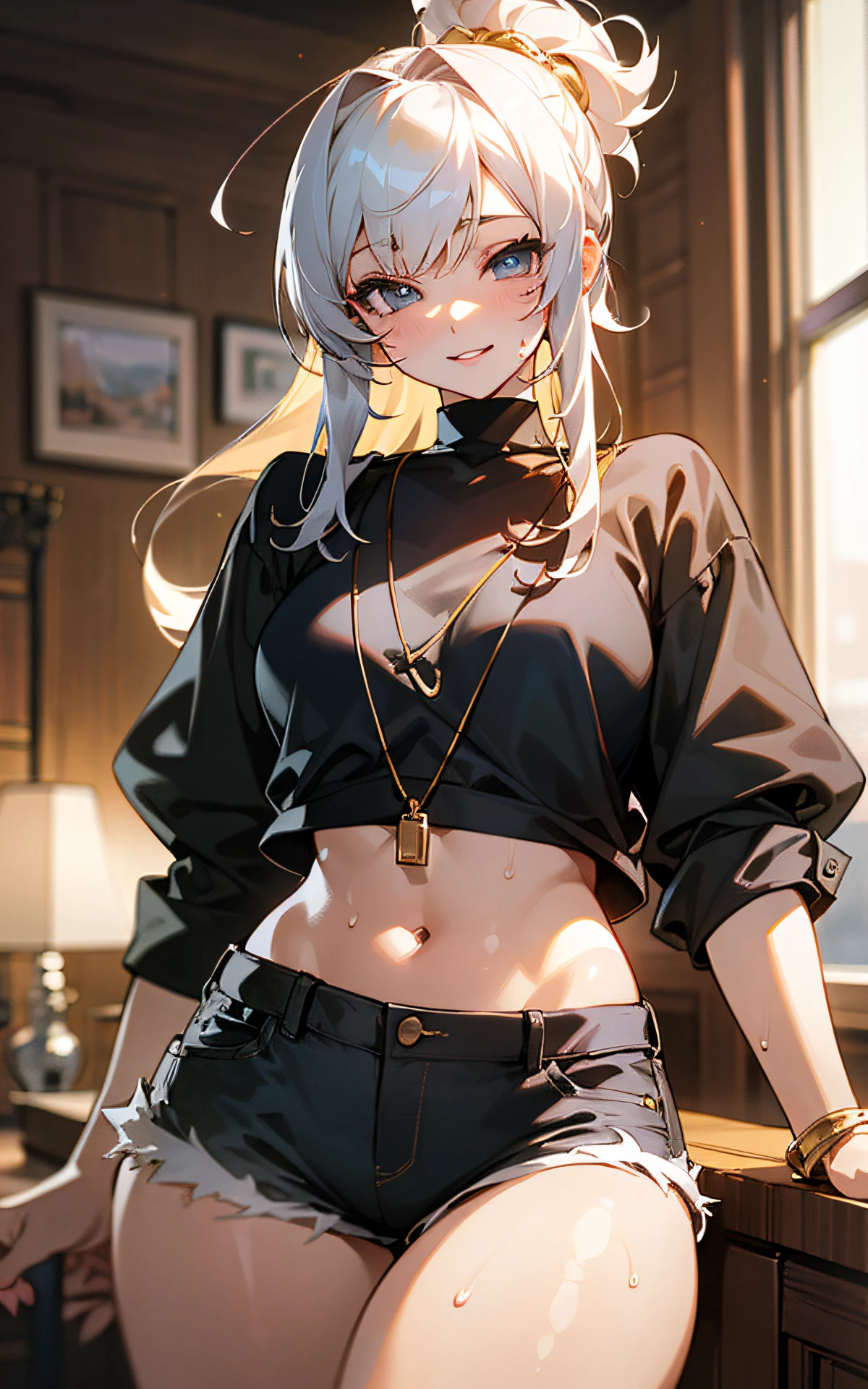 (Unity 16K Wallpaper, Masterpiece, Best Quality, Ultra-Detailed, Extremely Detailed CG, Beautiful Detailed Eyes, solo, curby), Ultra High Resolution, fine skin、sexy, Sweat, black short shorts, plain tops, smile, (thigh fetish), 16 years old, realistic clothing, casual clothes,