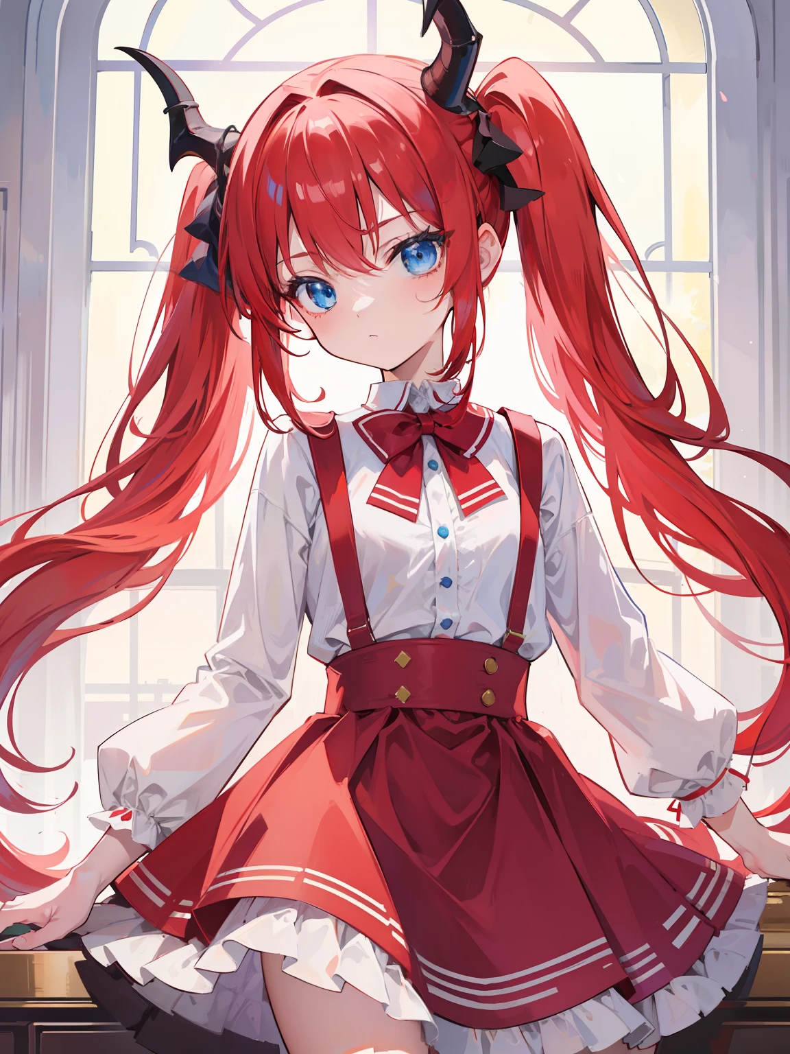 {{best quality}}, {{masterpiece}}, {{ultra-detailed}}, {illustration}, {detailed light}, red hair,blue eyes,twintails,lolita,Suspenders skirt,Fantastic,loli,solo,Dragon horns,little girl,long hair