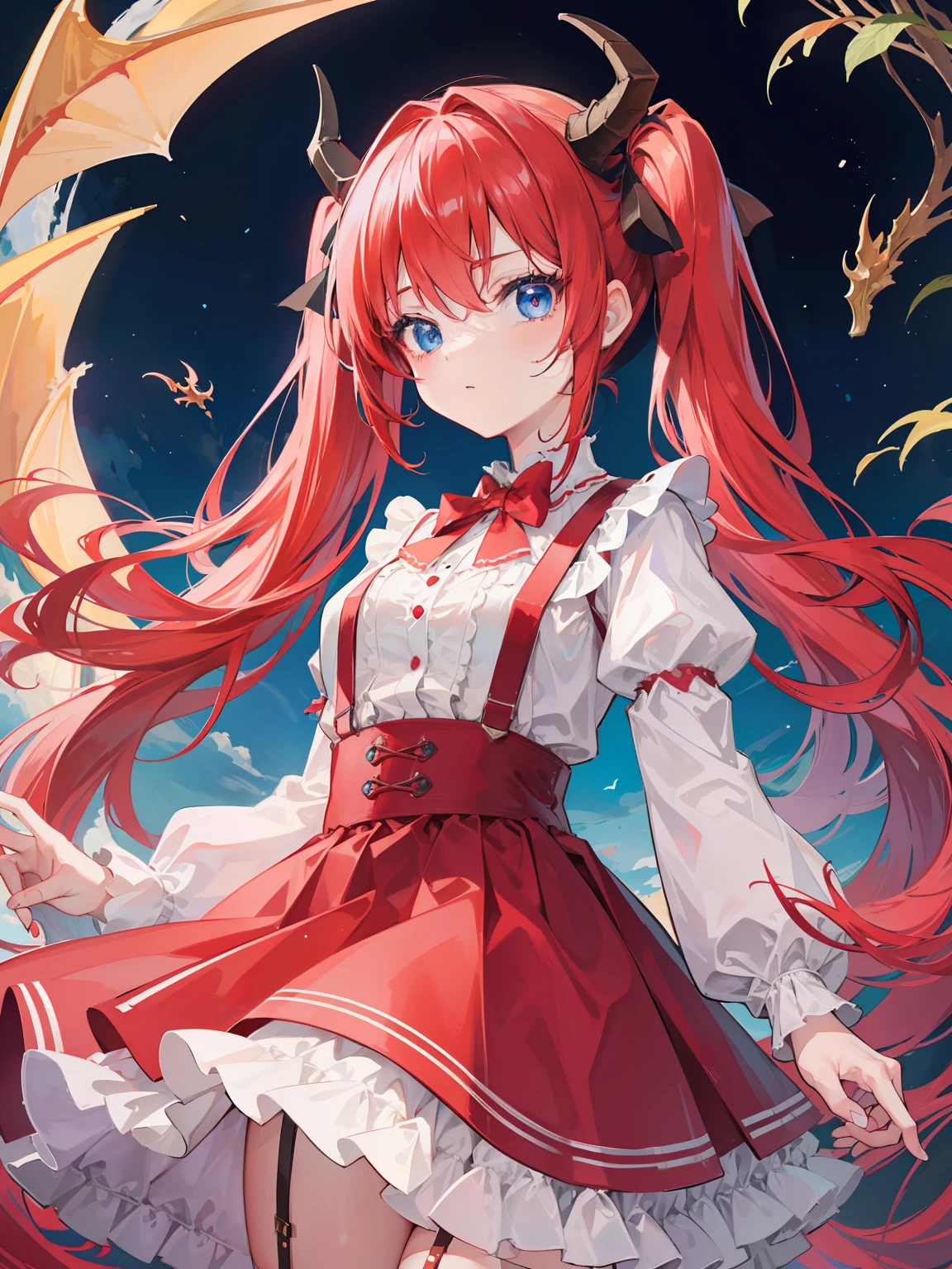 {{best quality}}, {{masterpiece}}, {{ultra-detailed}}, {illustration}, {detailed light}, red hair,blue eyes,twintails,lolita,Suspenders skirt,Fantastic,loli,solo,Dragon horns, girl,long hair