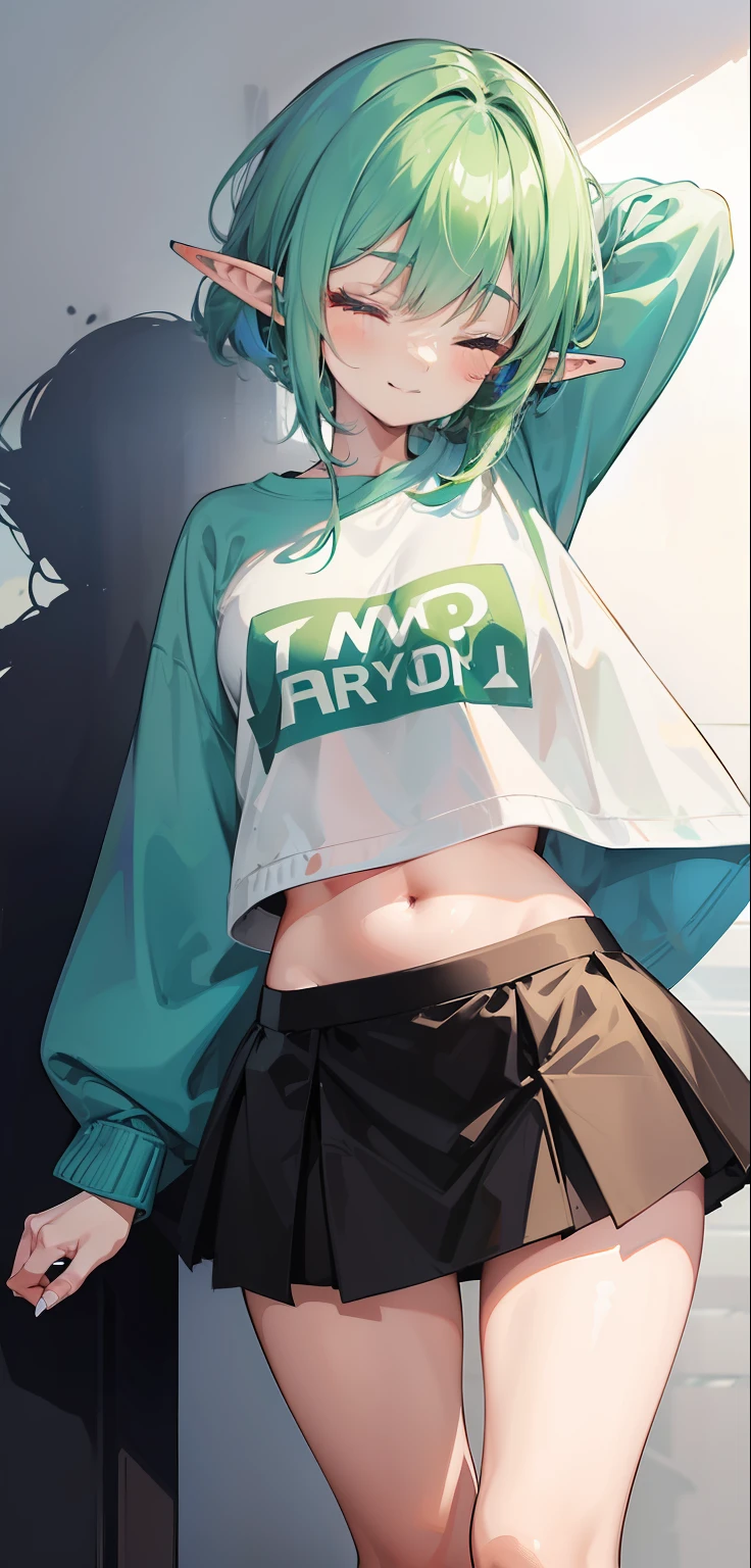 1 Girl, eyes closed, nose, elf ear, eyebrow, smiling, teeth, big green hair, blue hair ends, bangs, hair between eyes, lora:add_detail, short sweatshirt on belly, short skirt, slim waist, belly , big chest, thick legs, big thigh, standing