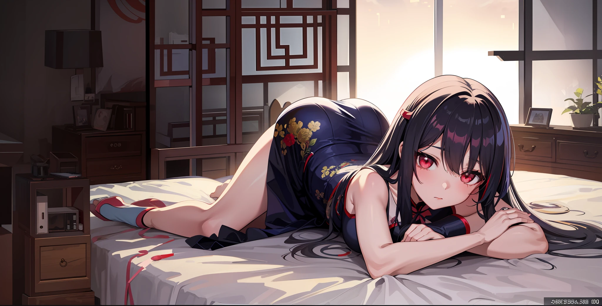 Anime girl lying on bed，arms folded, seductive anime girls, Smooth anime CG art, 4K anime wallpaper, beautiful anime girl crouching, cute anime waifu in a nice dress, 4k manga wallpapers, Anime art wallpaper 8 K, beautiful and seductive anime woman, Anime wallpaper 4K, Anime wallpaper 4 k, hanayamata, style of anime4 K，Light red eyes，Cheongsam clothes，Cheongsam pattern，