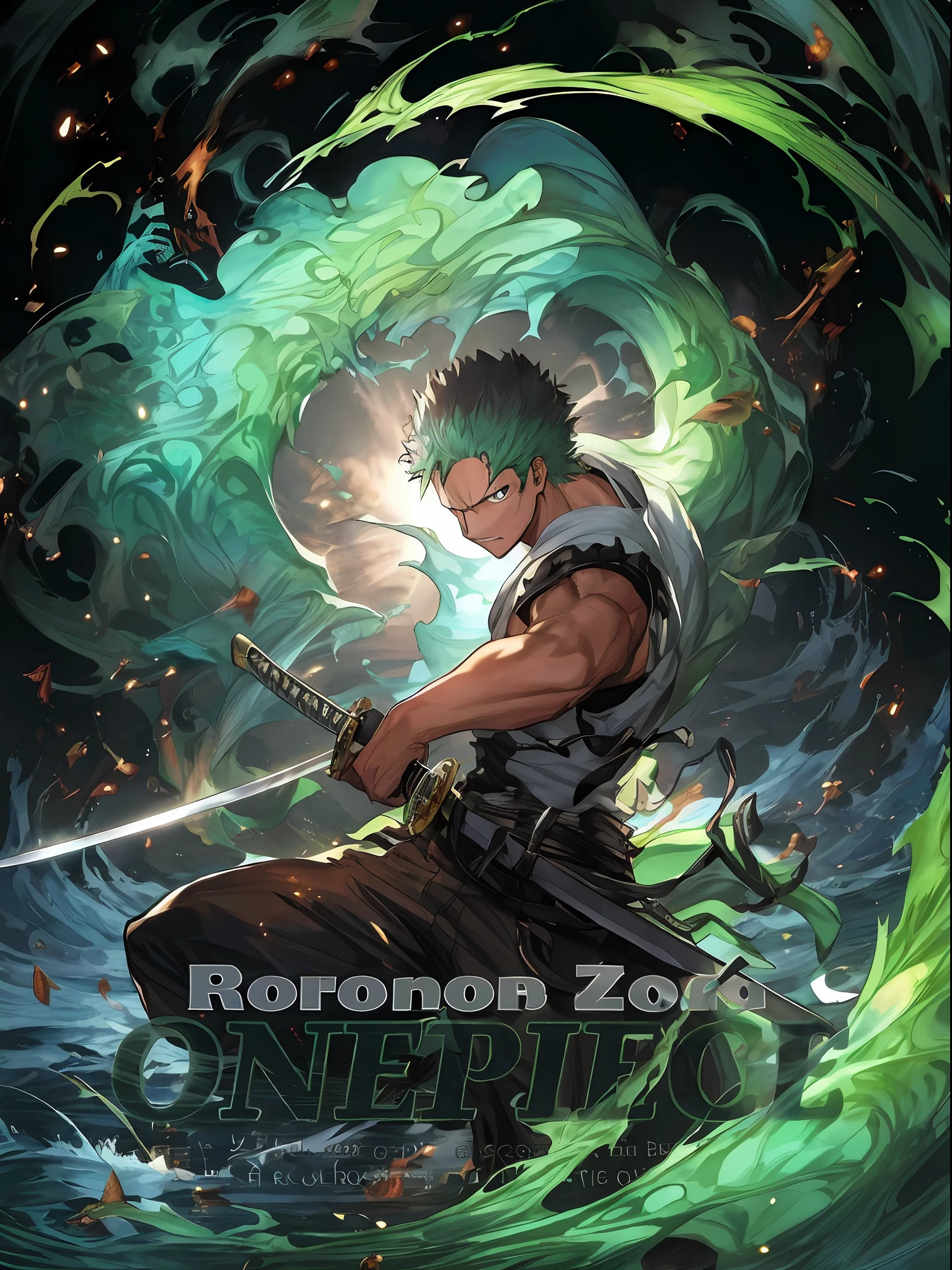 Poster of a man holding a sword in front of a wave, Roronoa Zoro, An anime cover, Anime epic artwork, offcial art, anime wallaper, Album art, 4k manga wallpapers, official fanart, one piece art style, Epic anime style, Official artwork, Featured art, hq artwork, anime wallpaper, Anime wallpaper 4 k, Anime wallpaper 4K