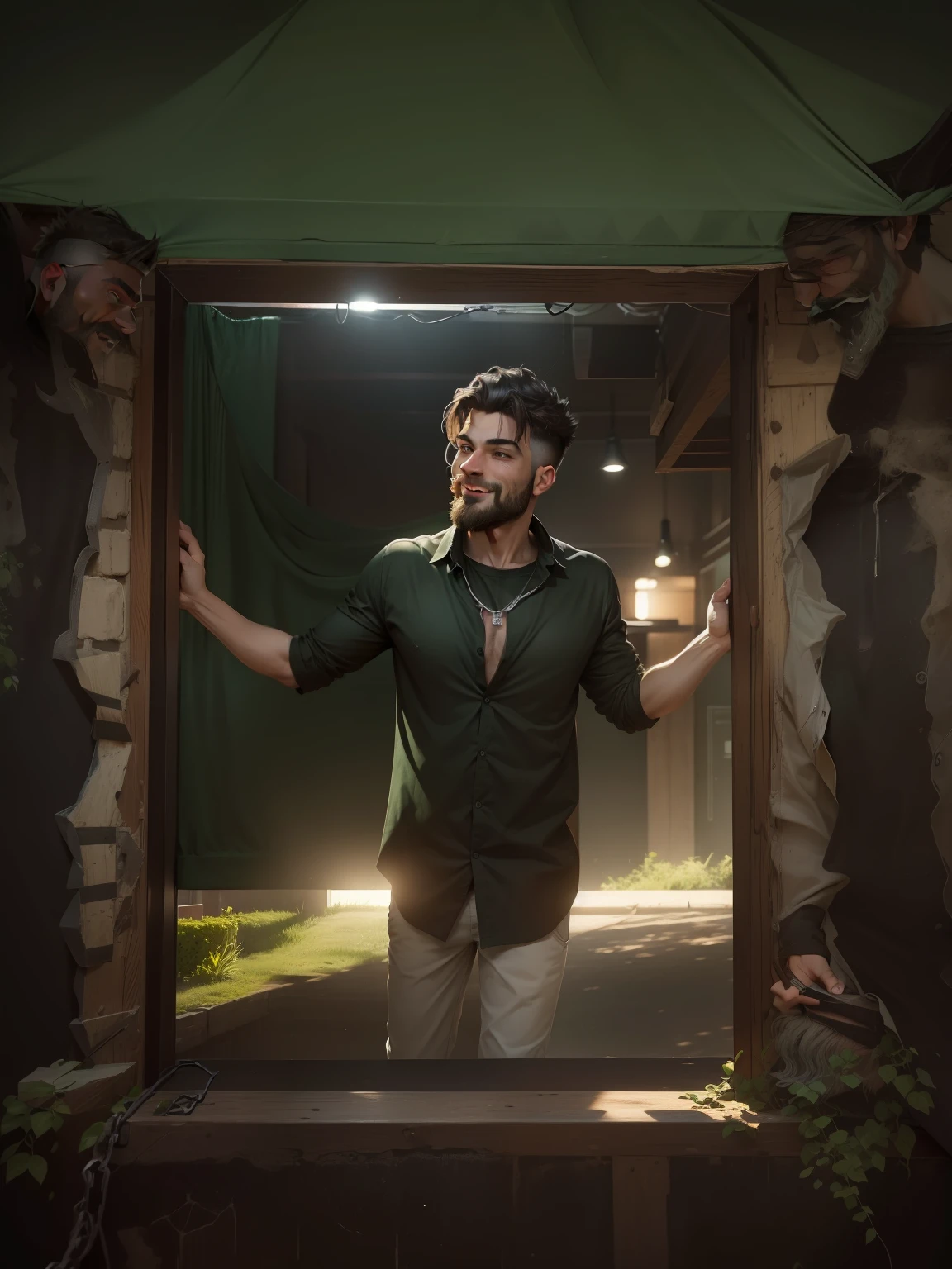 Black tshirt, green shirt, silver chain, bearded man, natural background, manly face, charming, well groomed hairstyle, good smile,