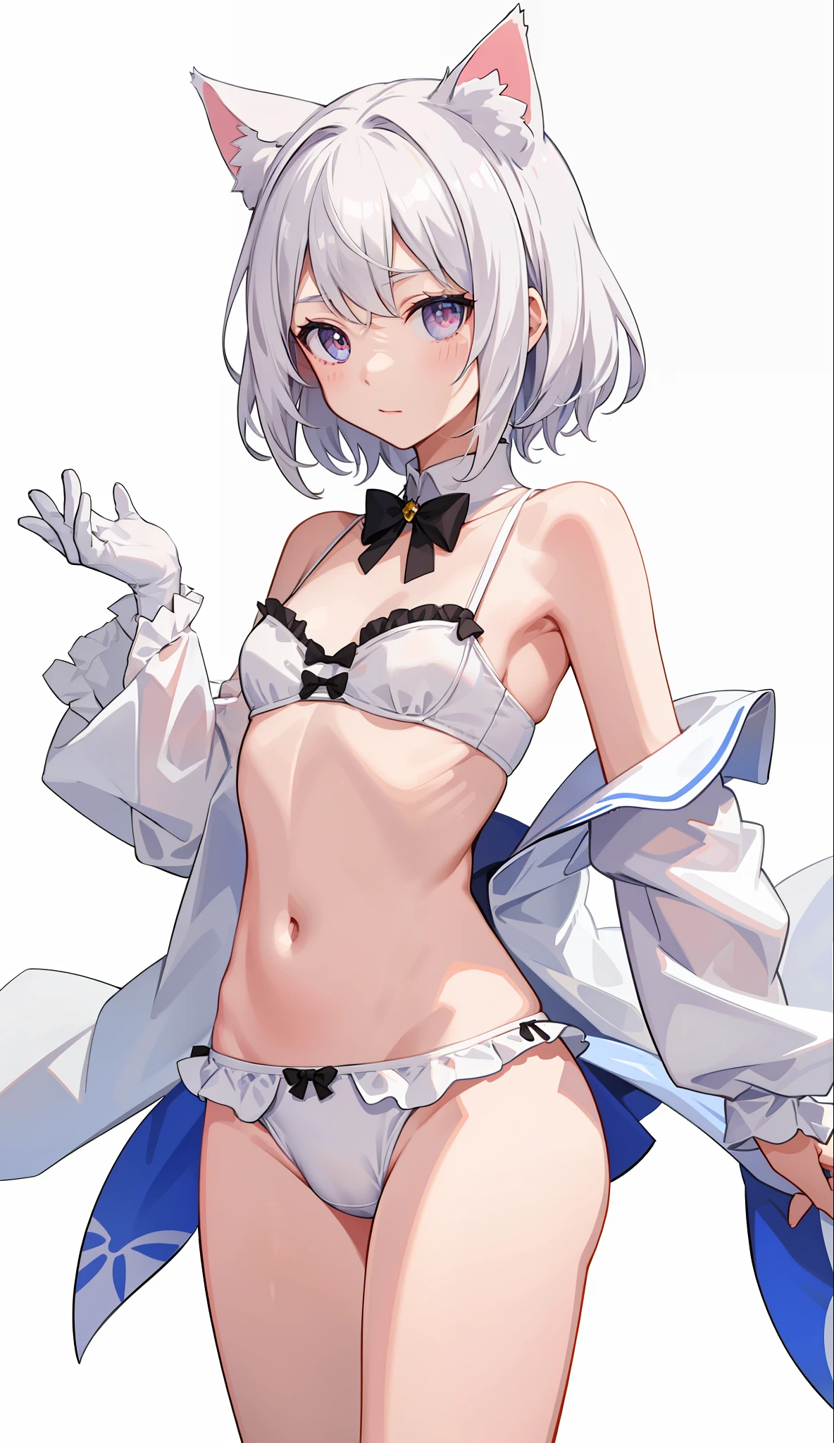1girl in、Underwear、cute little、Upper body portrait、white  hair、Cat's ears、