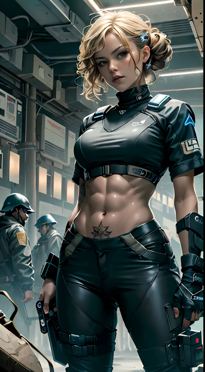 （tmasterpiece，best qualityer），1 girl，blond hairbl，A-line hairstyle，Body，arms crossed behind back，LED panel lights are arranged in a square manner，to mimic existing interior lamps，Dystopian slums，Police weapons are controlled by local gangs equipped with hackers，For example, The EMP blaster and Taser shotgun have huge busts，Mermaid line，Abs，Tattooed with，(fighting action)
