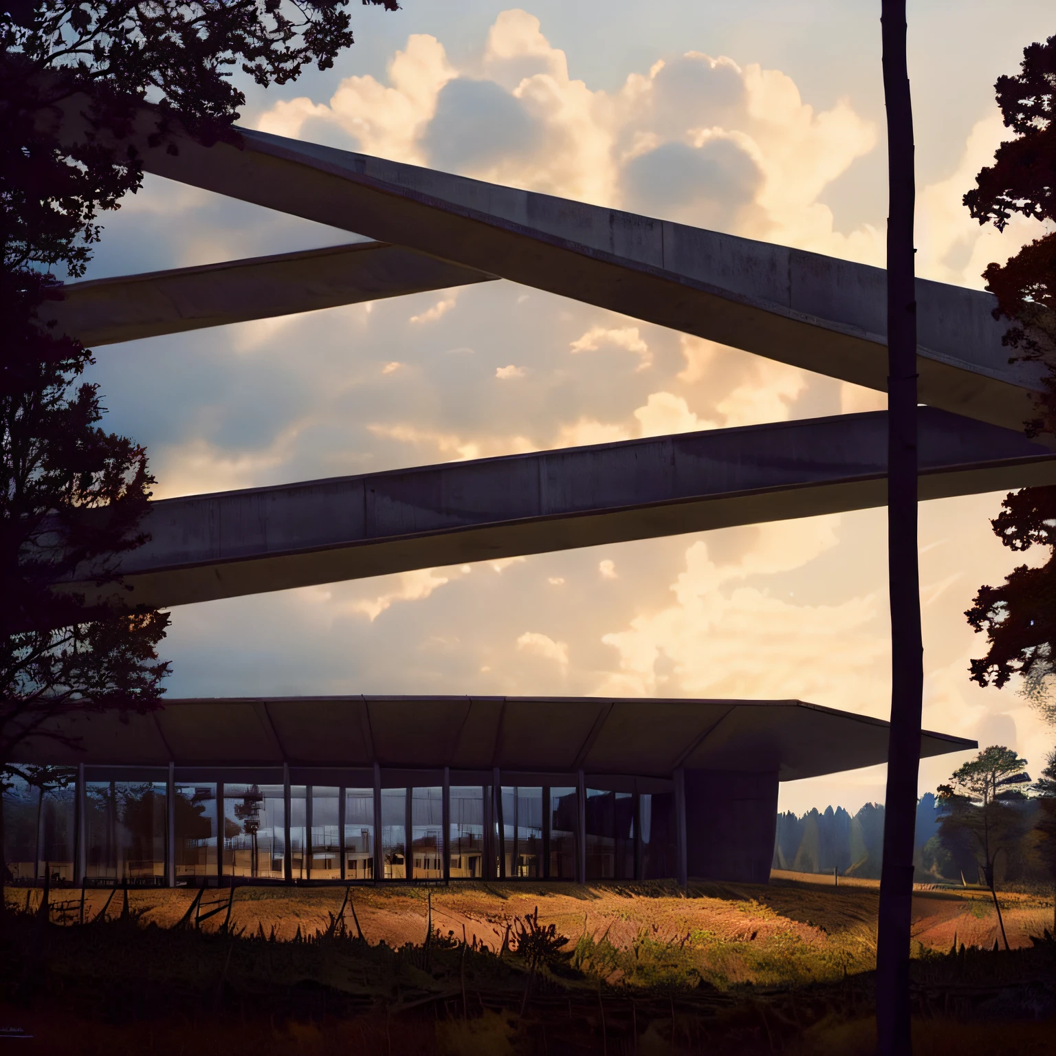 (masterpiece), (best quality), super detailed, realistic, (photorealistic), 8k, (sharp focus), depth of field, ahrender, museum, concrete roof, (black iron structure facade:0.5), in forest, night, dark sky, rainy, no human